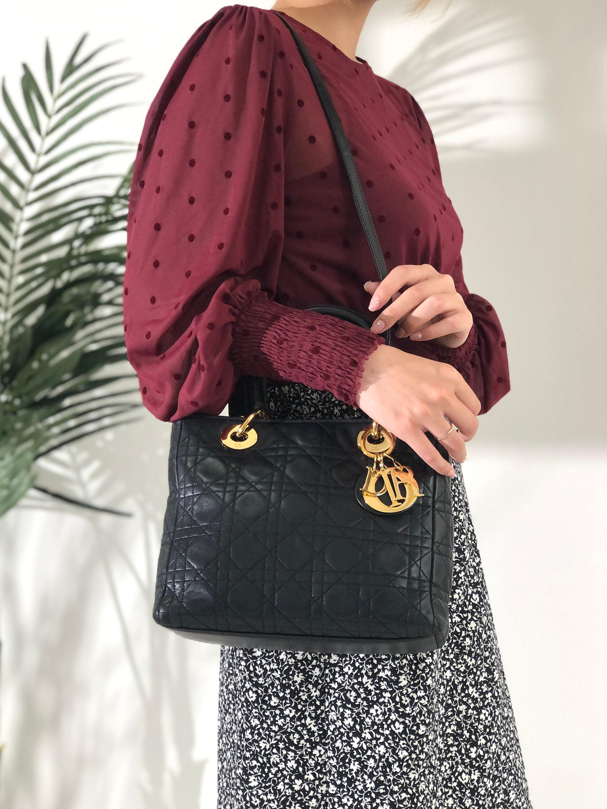 Christian D1OR Cannage LadyD1OR Leather Two-way Handbag Shoulder bag Black Vintage khzzs3