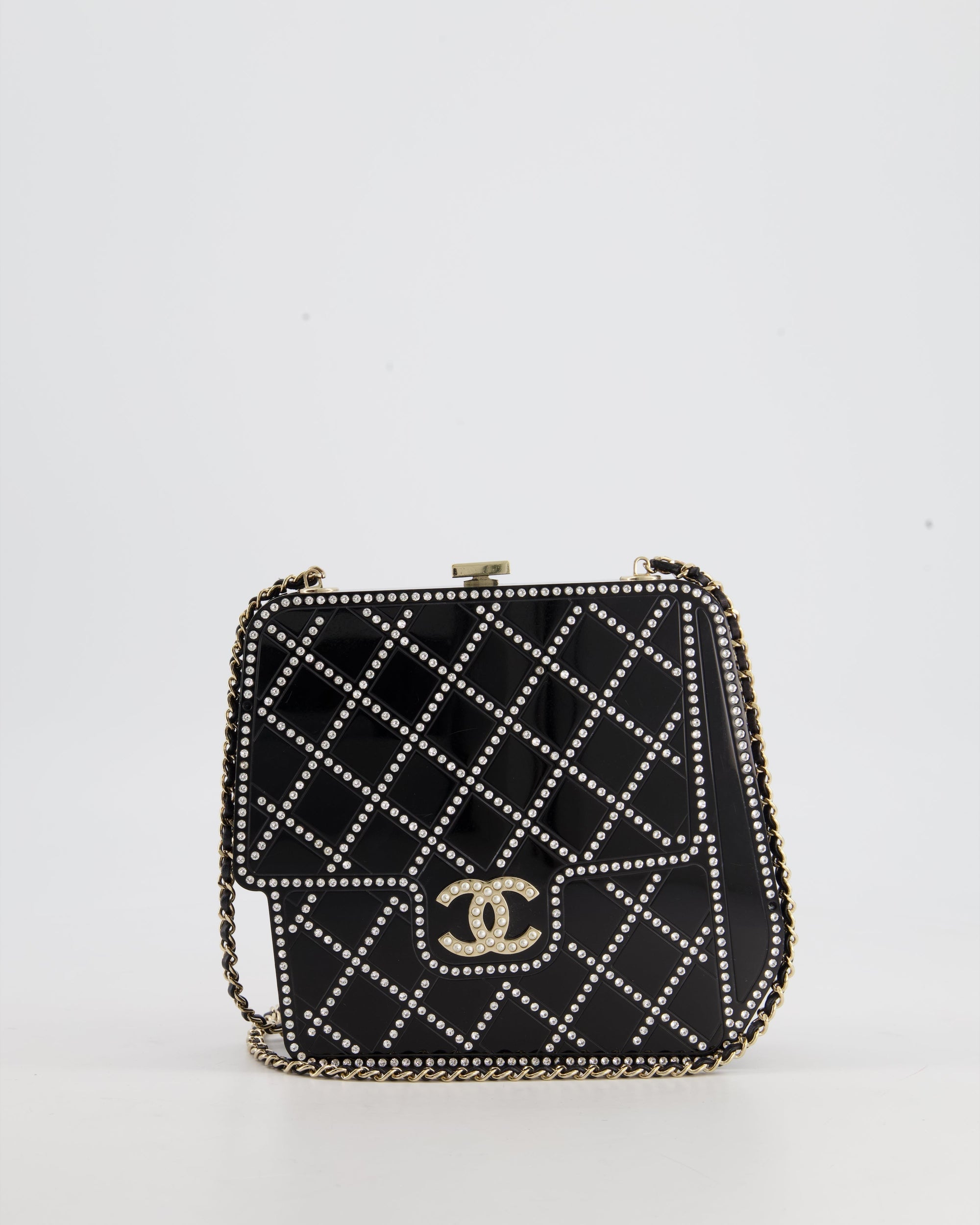 *COLLECTORS ITEM* CH Black Acrylic Crossbody Box Bag with Crystal with Pearl Embellishment and Champagne Gold Hardware