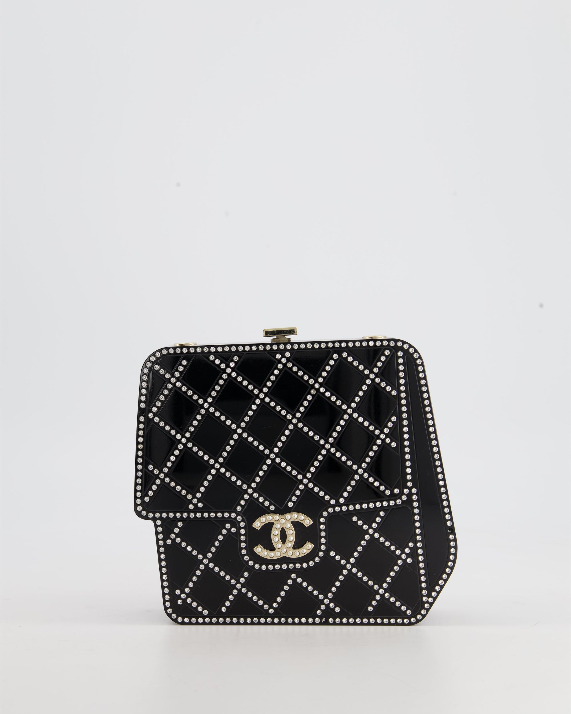 *COLLECTORS ITEM* CH Black Acrylic Crossbody Box Bag with Crystal with Pearl Embellishment and Champagne Gold Hardware