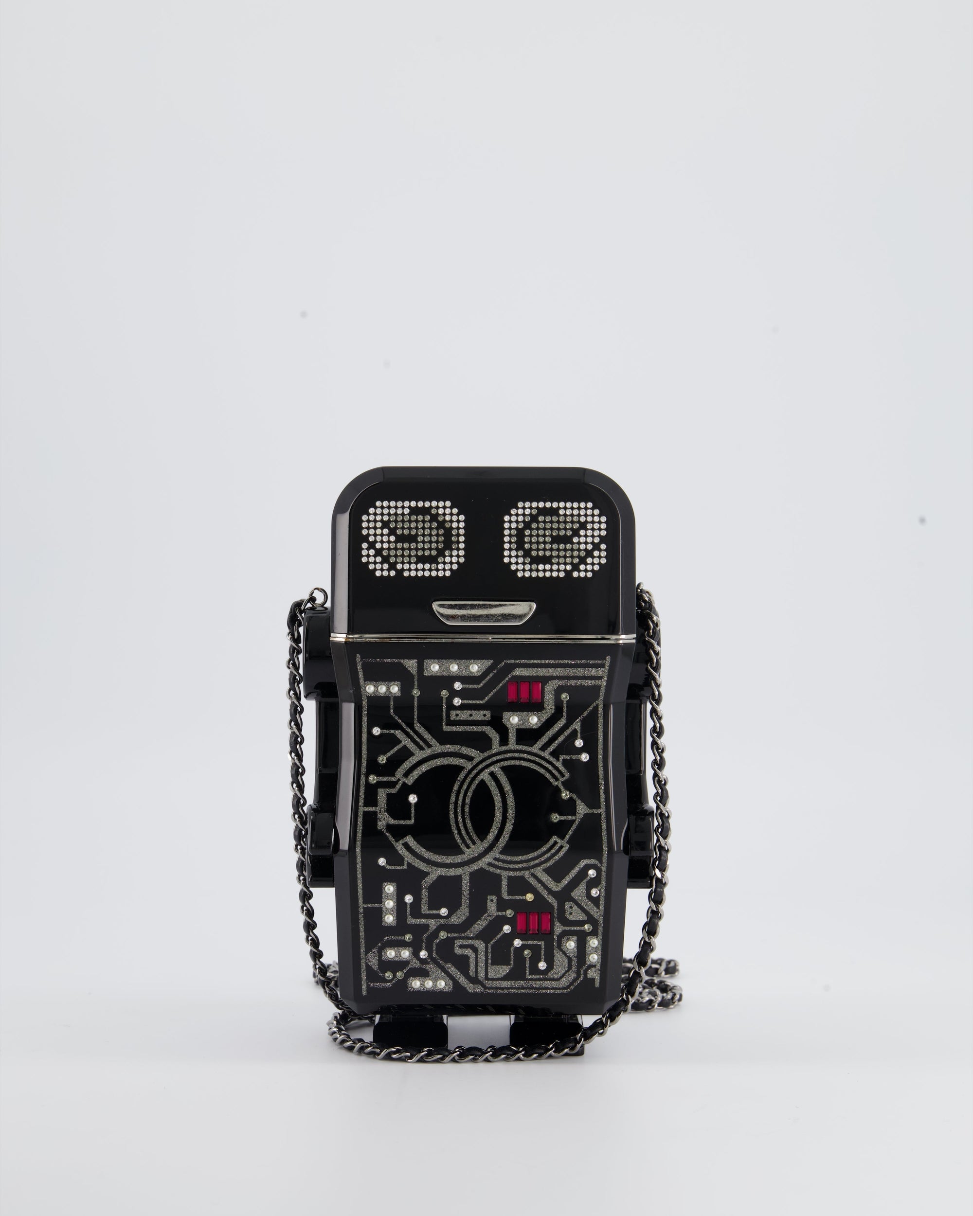 *COLLECTORS* CH Black Glittered Plexiglass Robot Minaudière Bag with Silver Hardware