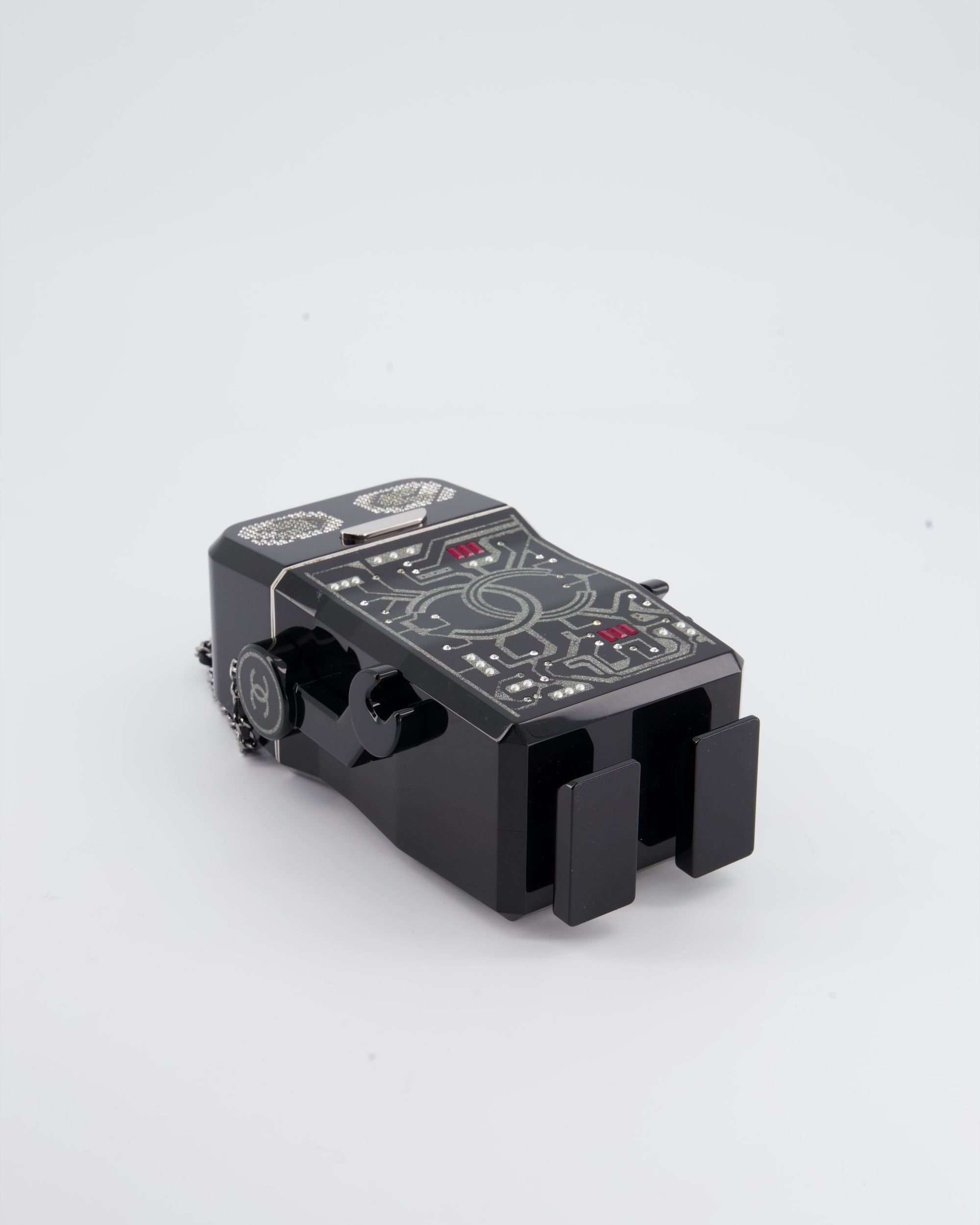 *COLLECTORS* CH Black Glittered Plexiglass Robot Minaudière Bag with Silver Hardware
