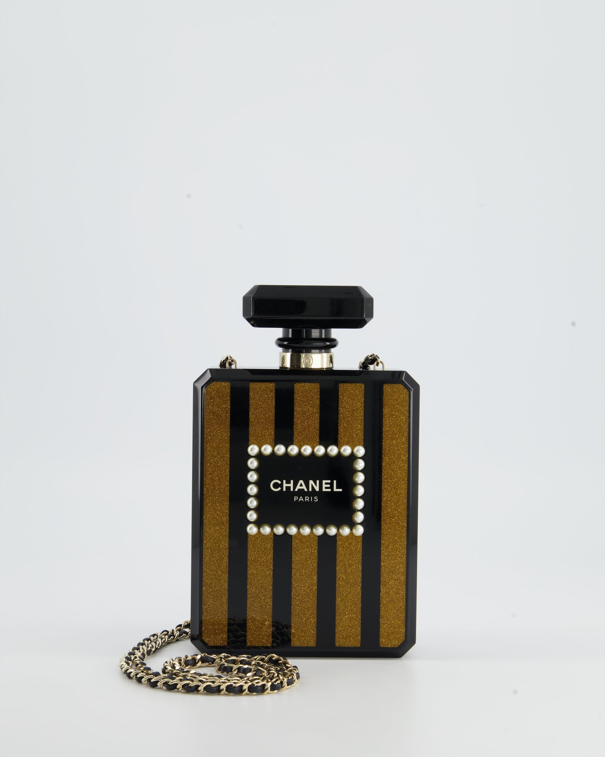 *COLLECTORS* CH Black and Glittered Gold Glittered Plexiglass Perfume Bottle with Pearl Detail