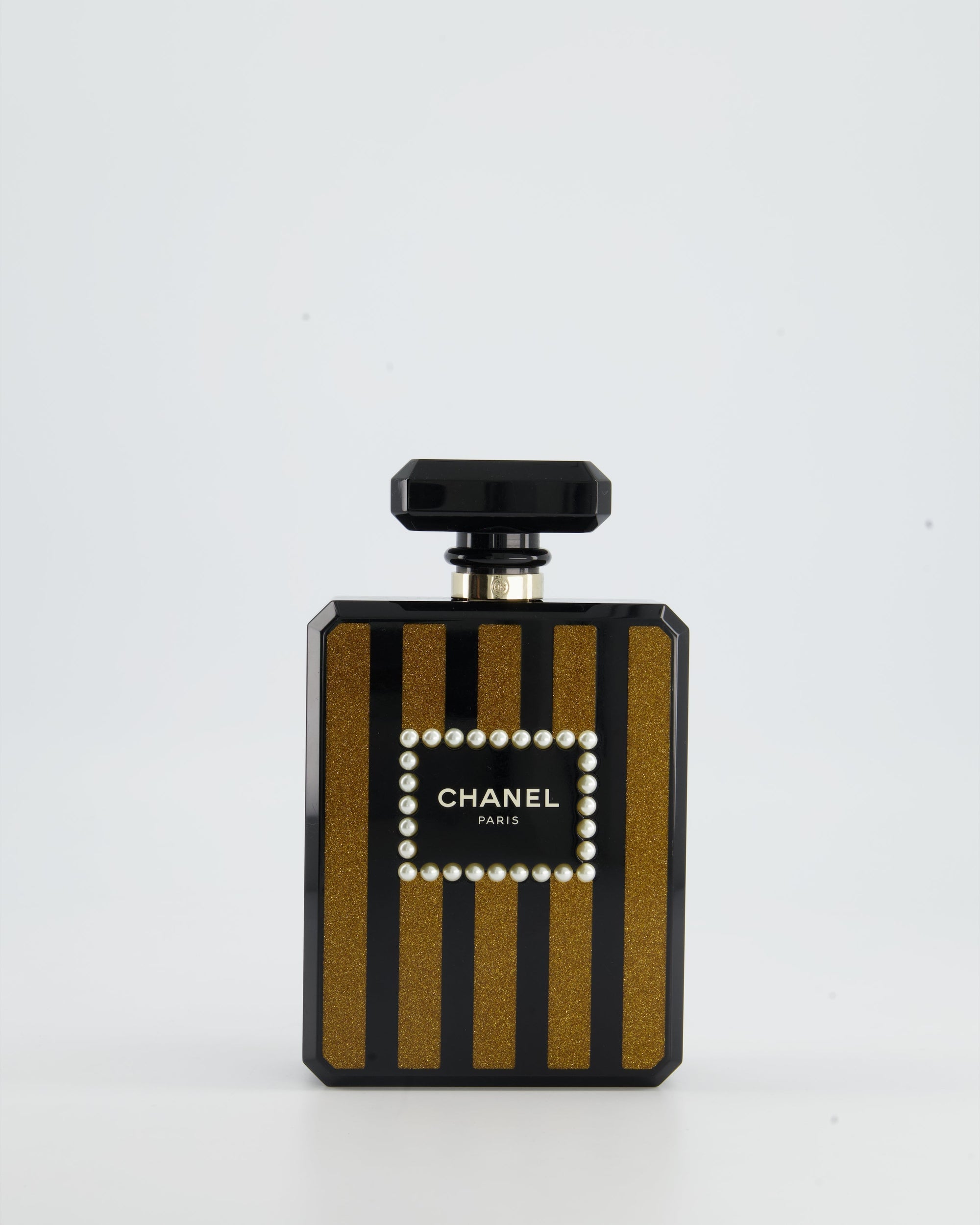 *COLLECTORS* CH Black and Glittered Gold Glittered Plexiglass Perfume Bottle with Pearl Detail