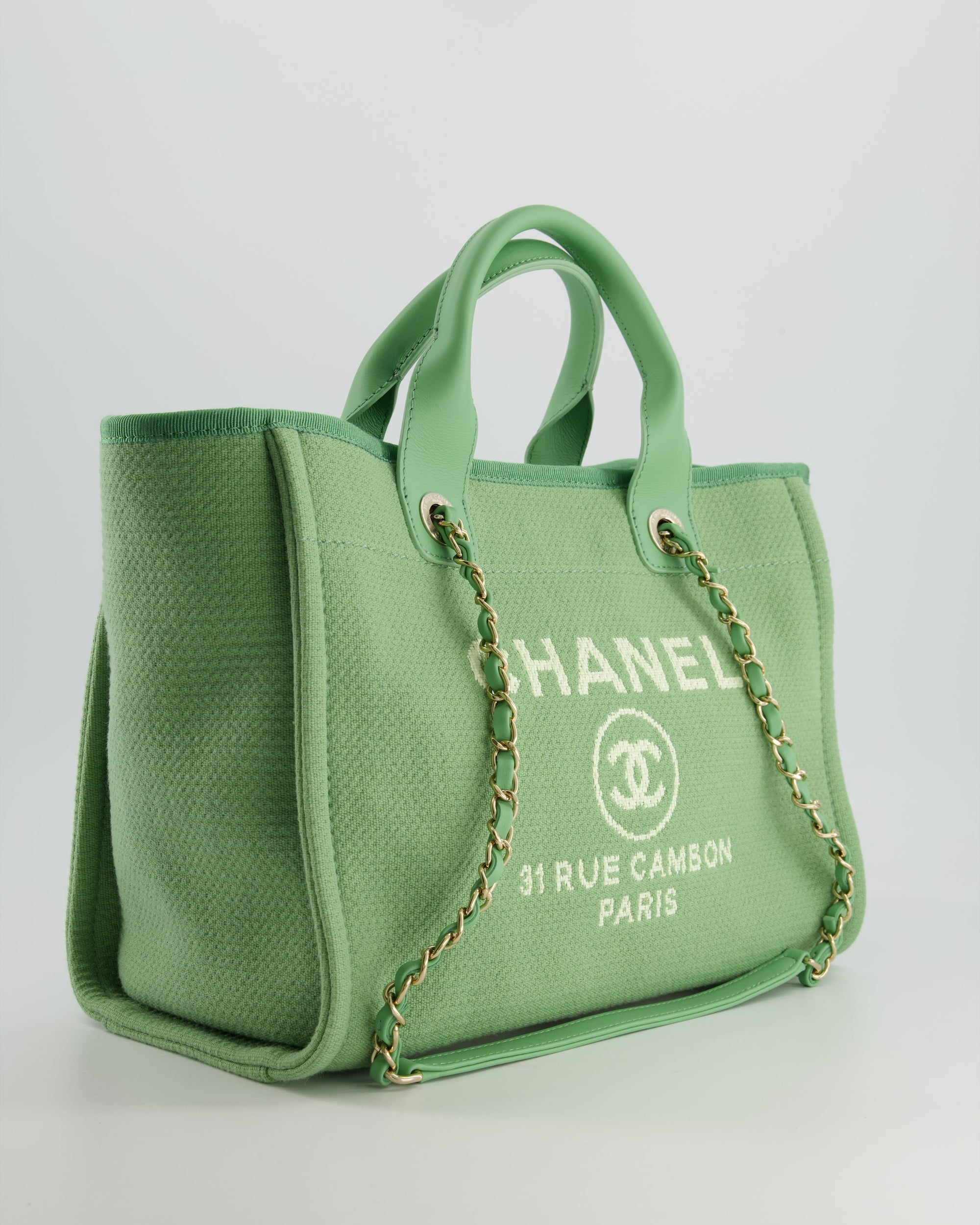 *HOT* CH Pistachio Green Canvas Small Deauville Tote Bag with Champagne Gold Hardware