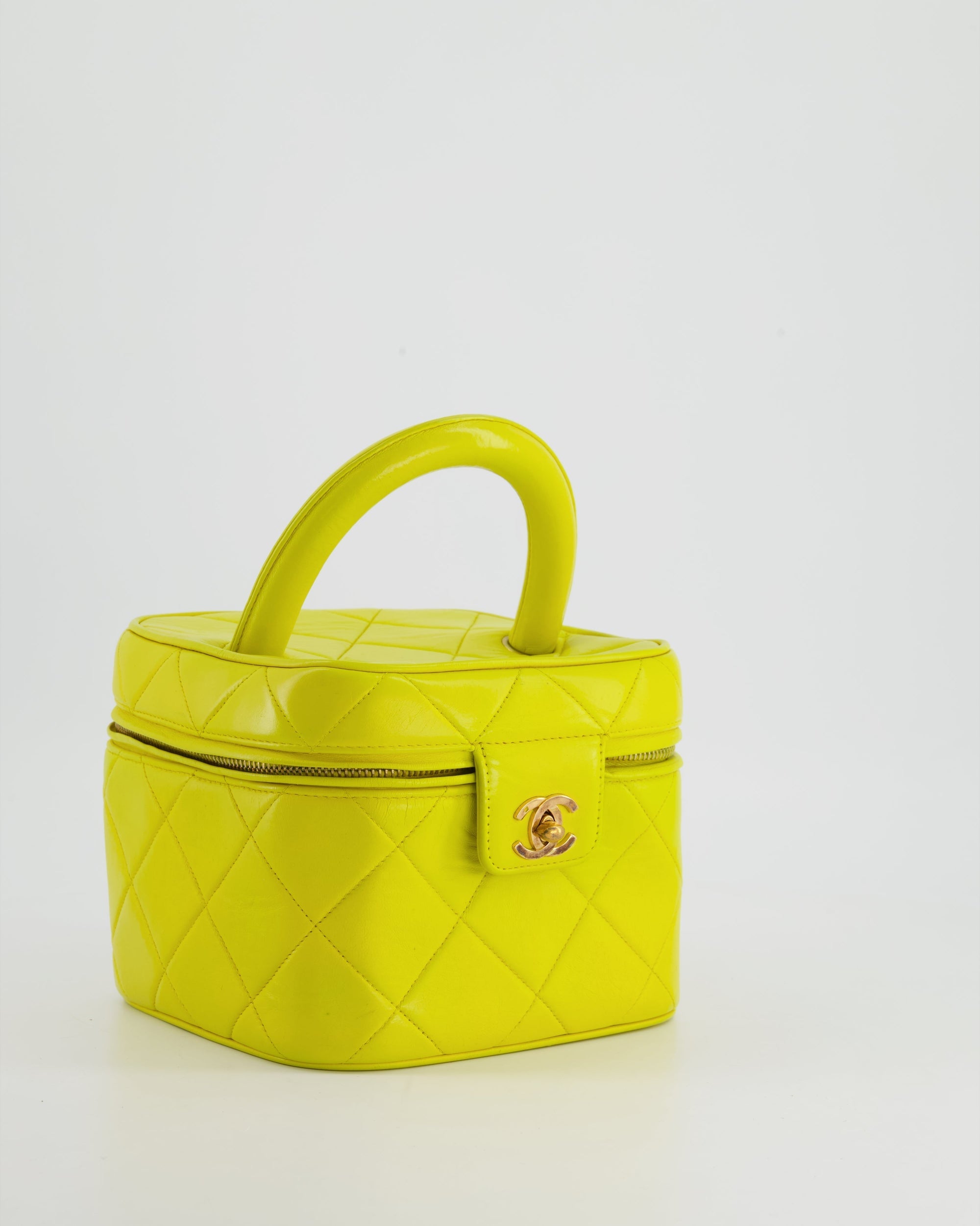 *ORIGINAL 90'S VINTAGE* CH Yellow Vintage Top Handle Vanity Bag in Lambskin Leather with 24k Gold Hardware