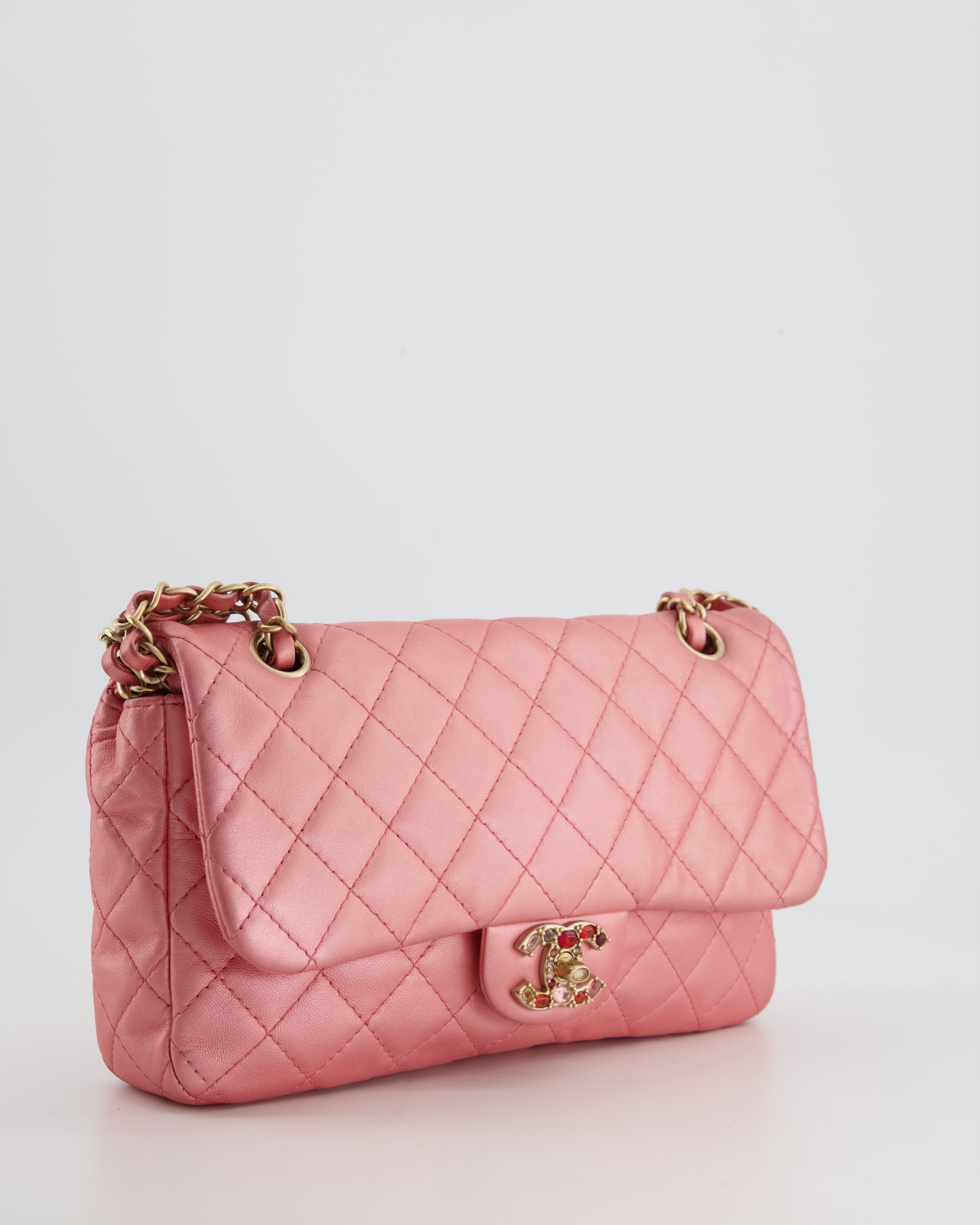 *LIMITED EDITION* CH Pink Metallic Single Flap Shoulder Bag in Lambskin Leather with Gold and Precious Stone Hardware