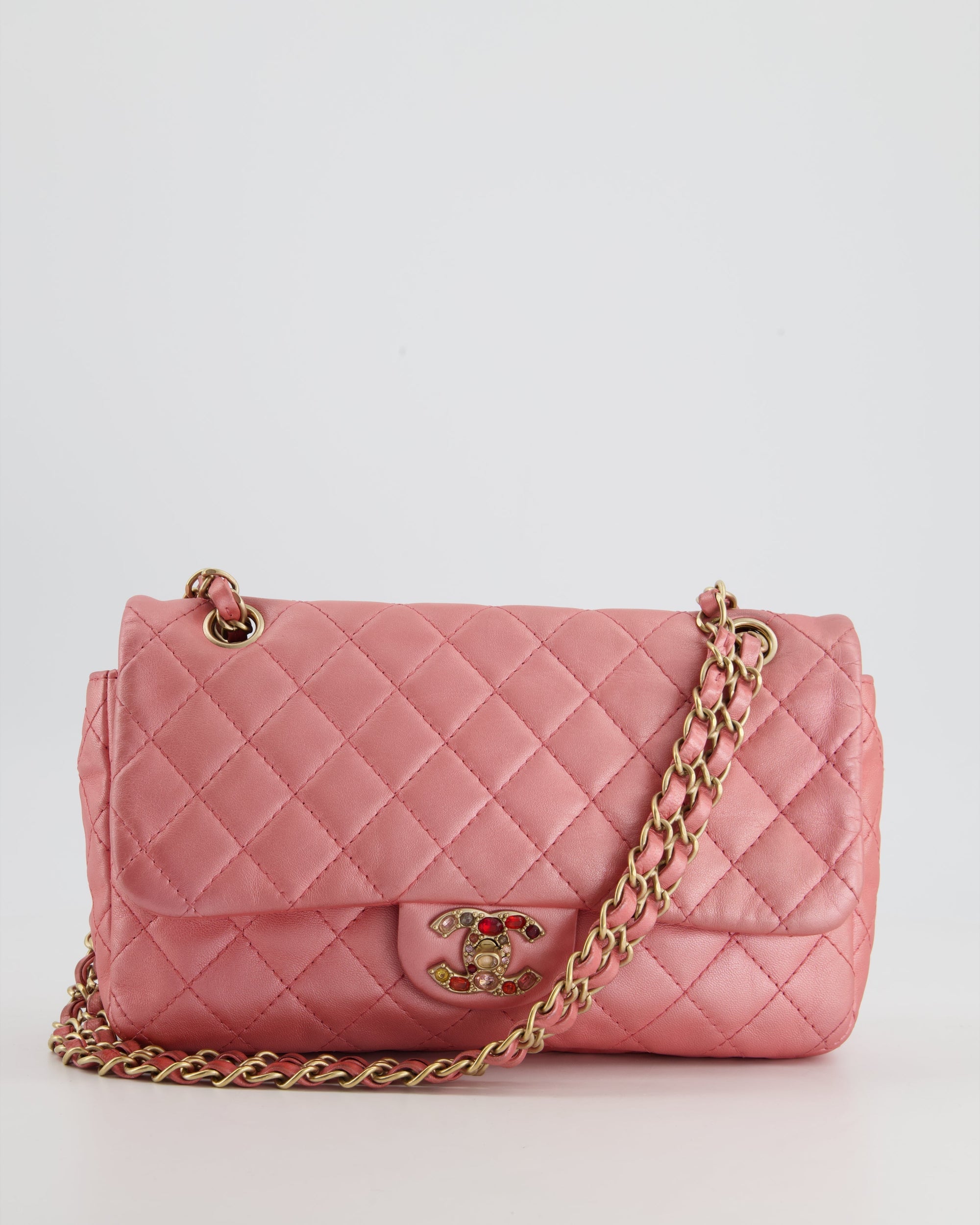 *LIMITED EDITION* CH Pink Metallic Single Flap Shoulder Bag in Lambskin Leather with Gold and Precious Stone Hardware