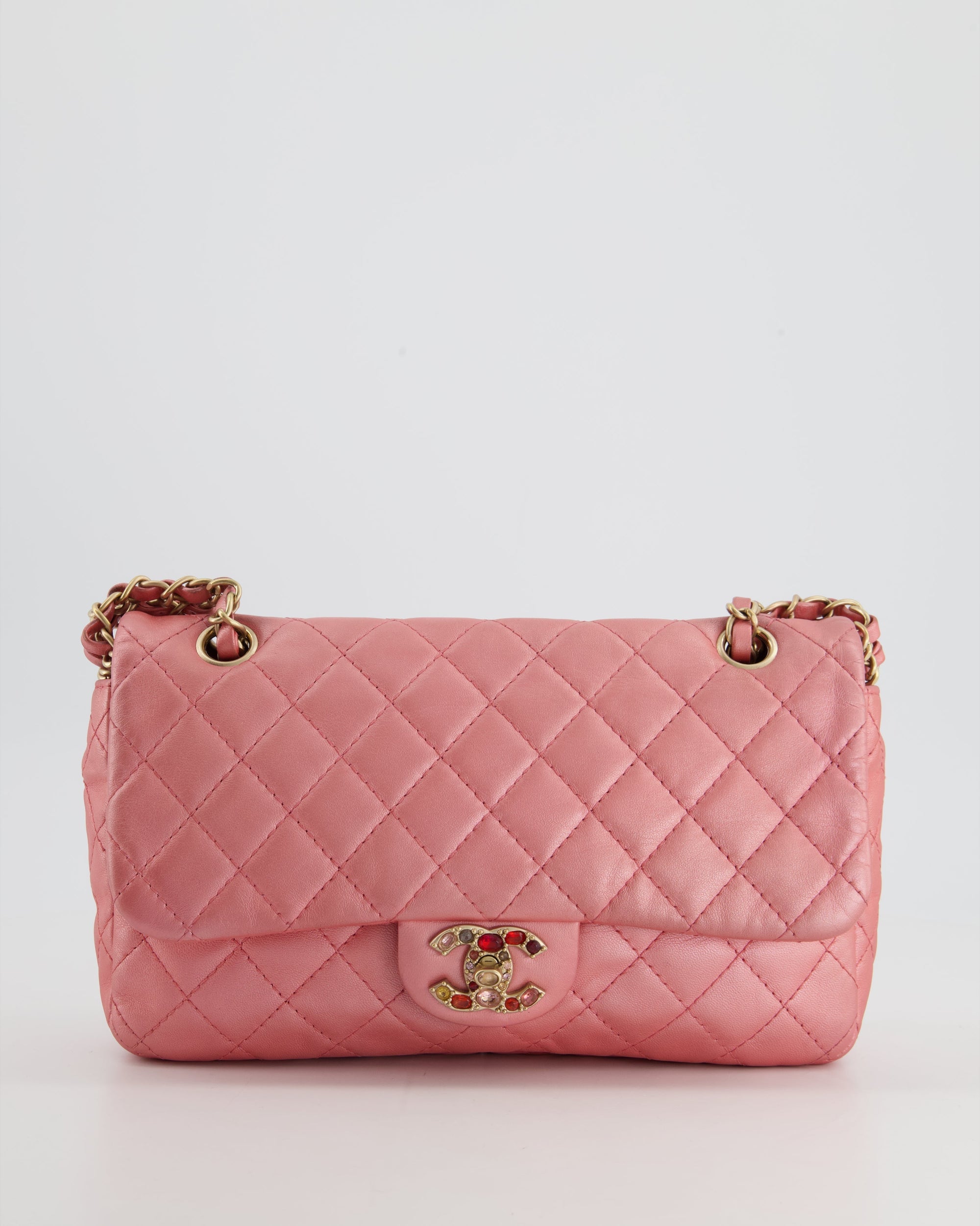 *LIMITED EDITION* CH Pink Metallic Single Flap Shoulder Bag in Lambskin Leather with Gold and Precious Stone Hardware