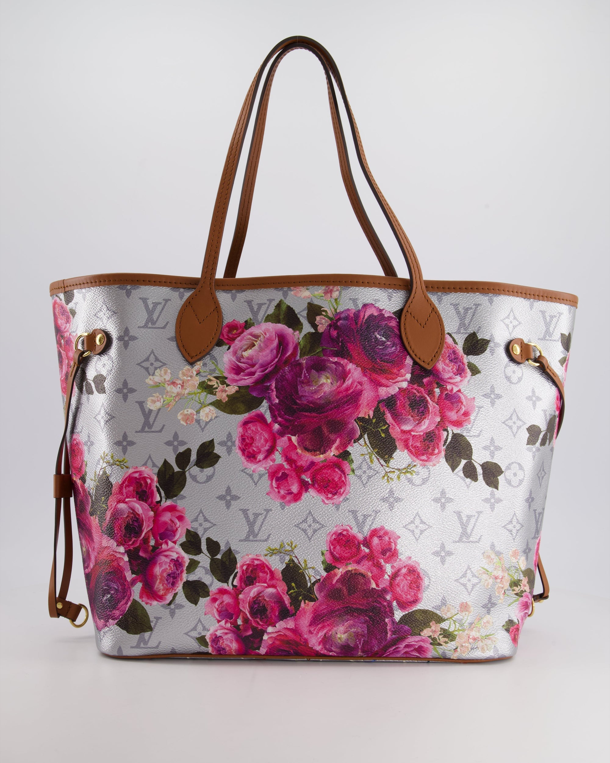 *LIMITED EDITION* LV Garden Capsule 2022 Neverfull MM Bag in Silver and Pink Floral Monogram Canvas with Brown Leather and Gold Hardware