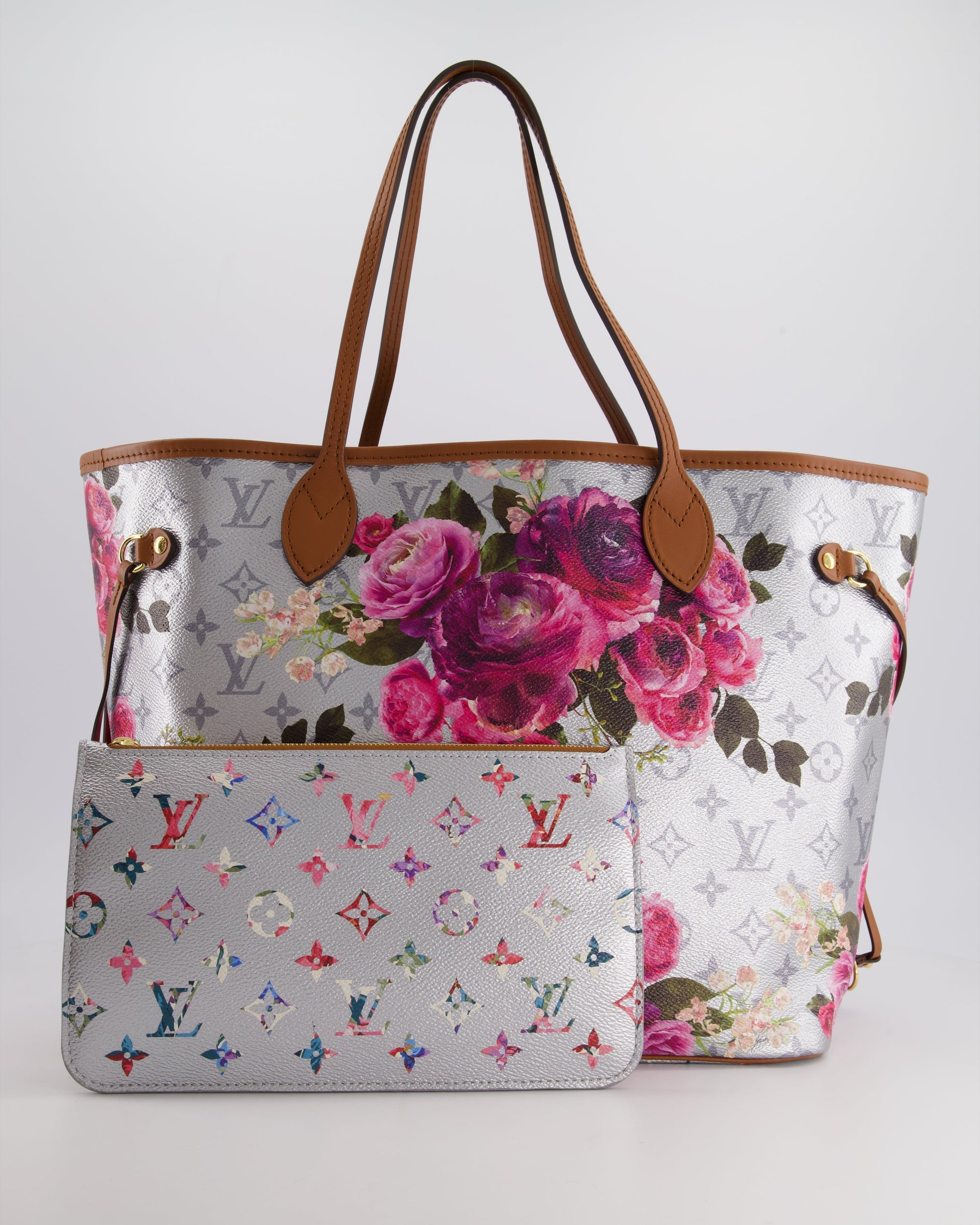 *LIMITED EDITION* LV Garden Capsule 2022 Neverfull MM Bag in Silver and Pink Floral Monogram Canvas with Brown Leather and Gold Hardware