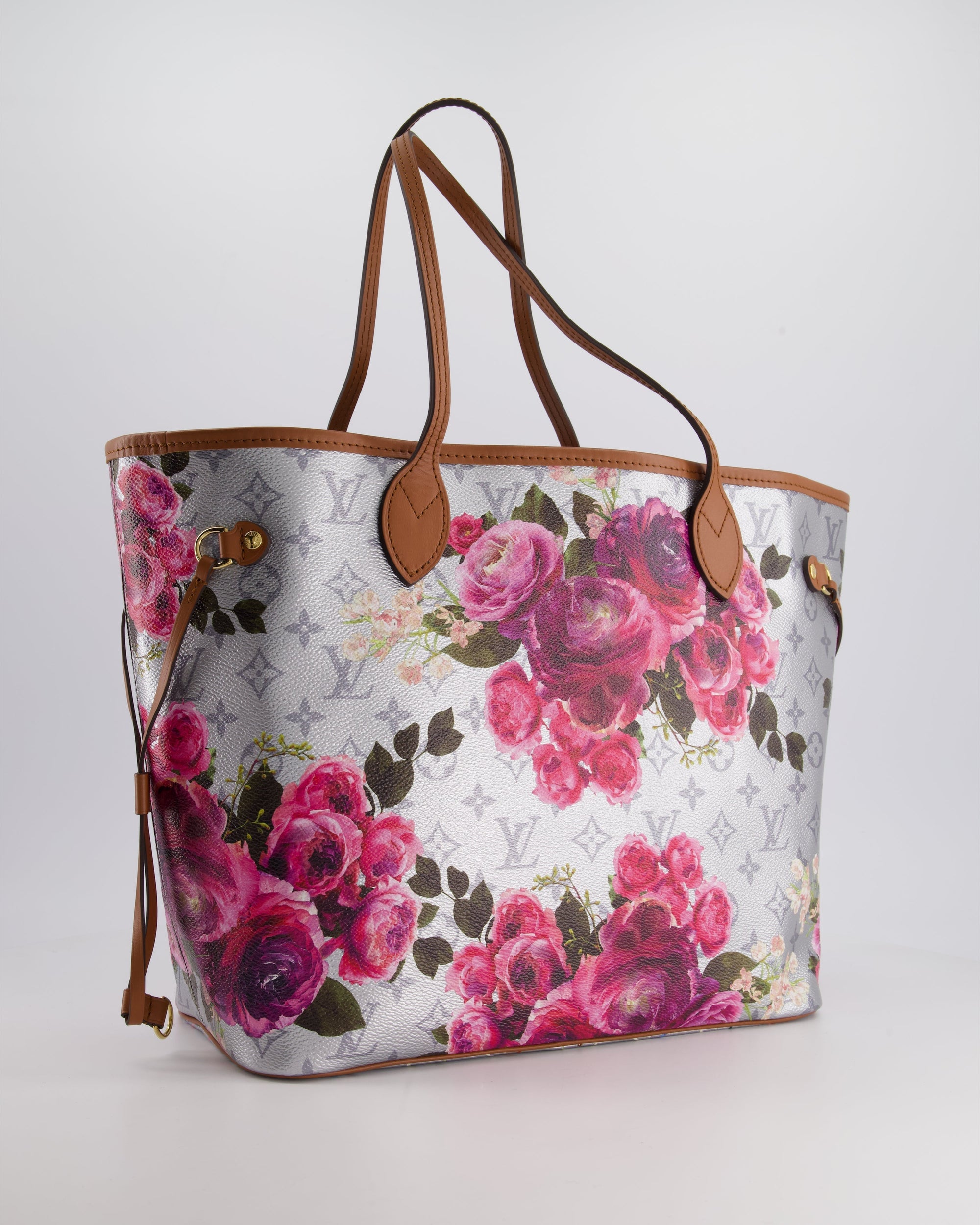 *LIMITED EDITION* LV Garden Capsule 2022 Neverfull MM Bag in Silver and Pink Floral Monogram Canvas with Brown Leather and Gold Hardware