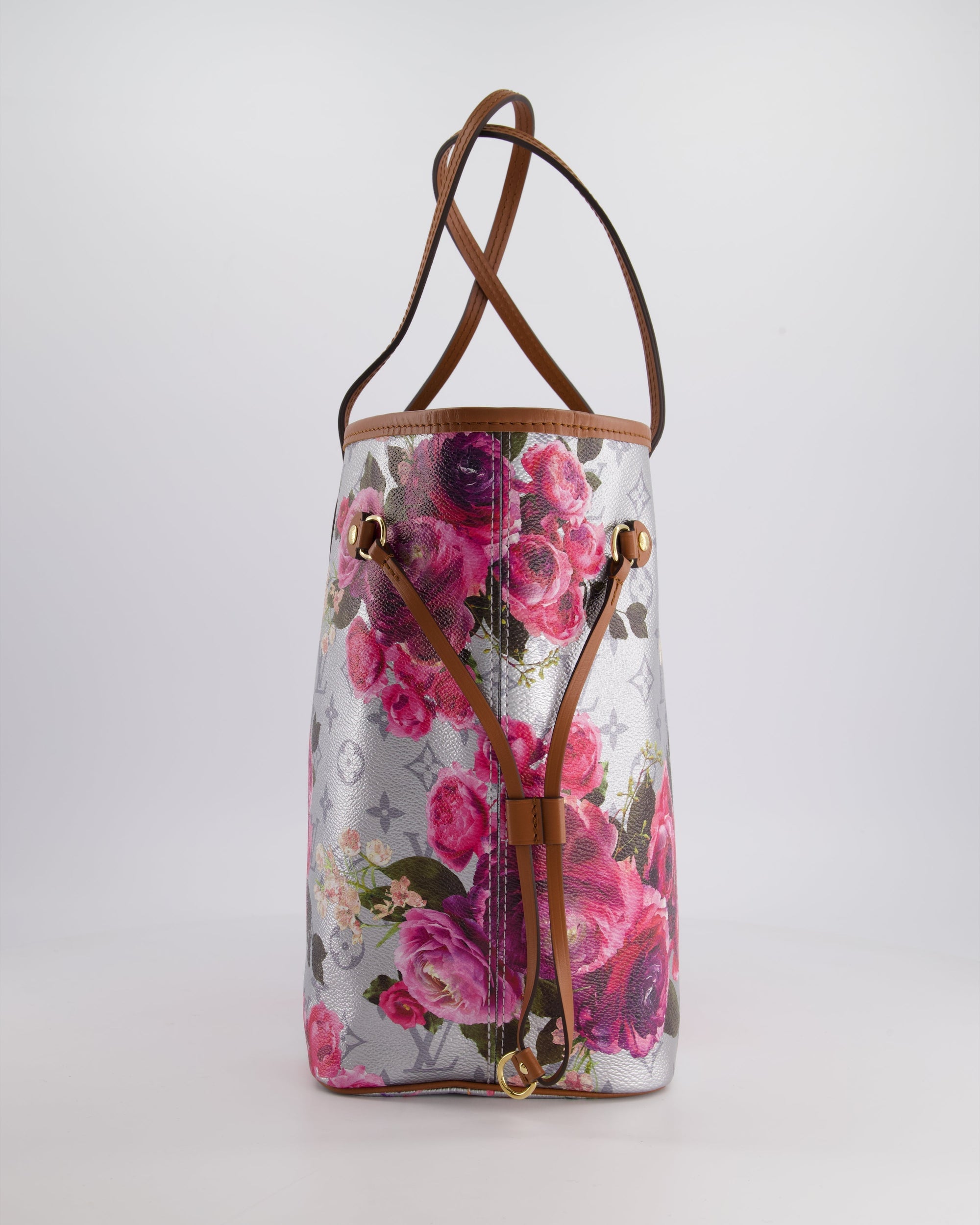*LIMITED EDITION* LV Garden Capsule 2022 Neverfull MM Bag in Silver and Pink Floral Monogram Canvas with Brown Leather and Gold Hardware