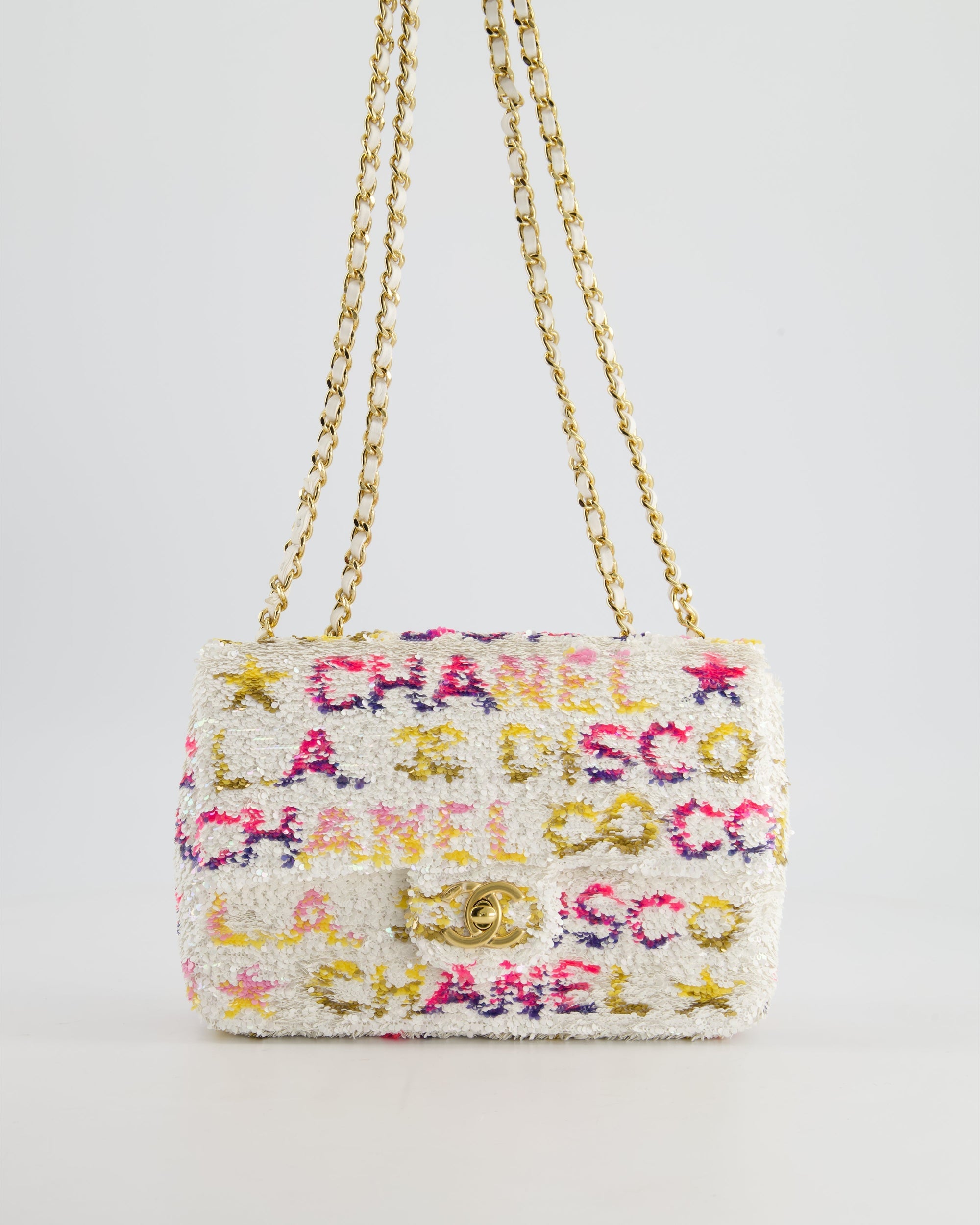 &amp; CURRENT SEASON* CH Cruise 2024 White, Yellow, Pink and Blue Sequin Small Flap Bag with Gold Hardware