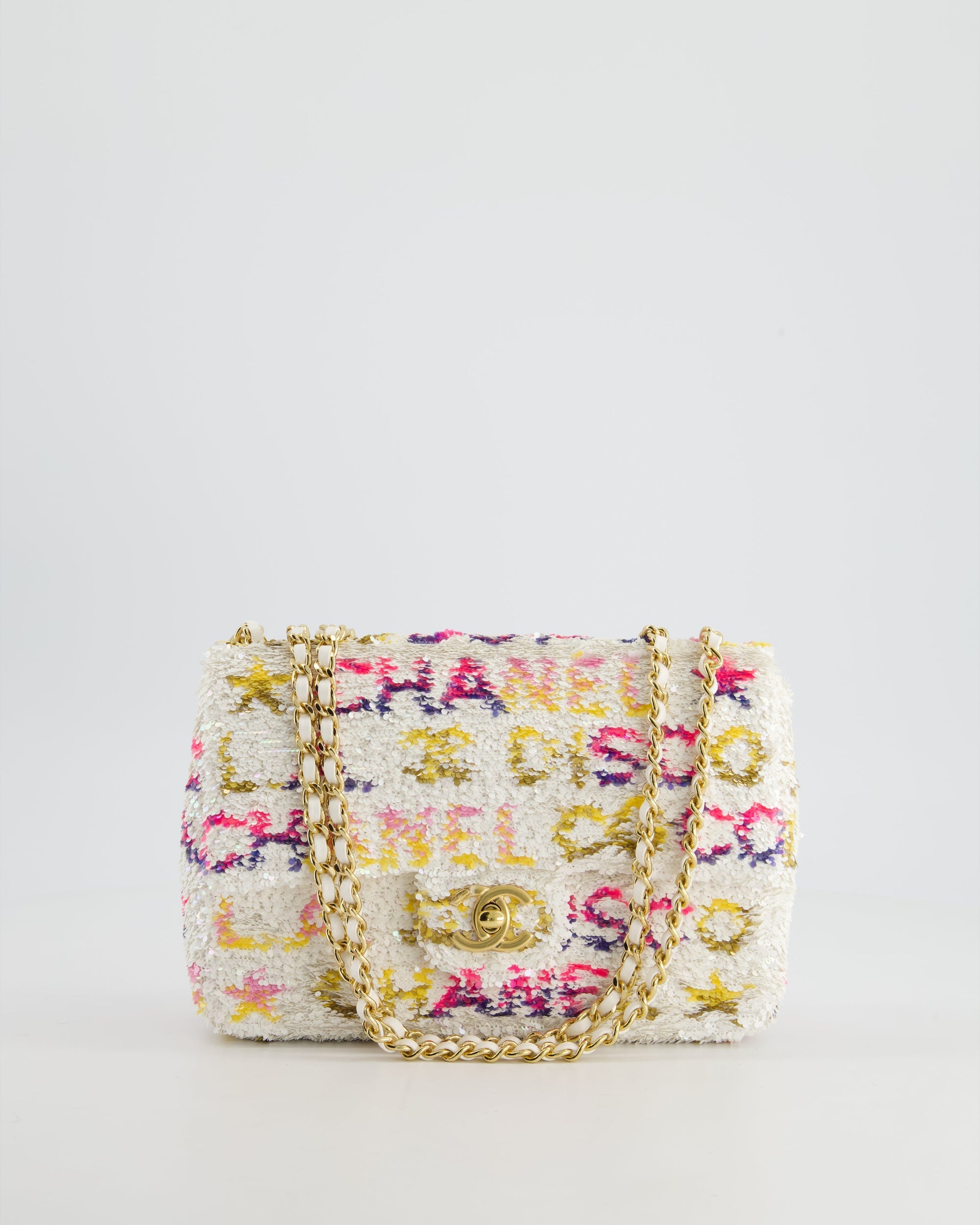 &amp; CURRENT SEASON* CH Cruise 2024 White, Yellow, Pink and Blue Sequin Small Flap Bag with Gold Hardware