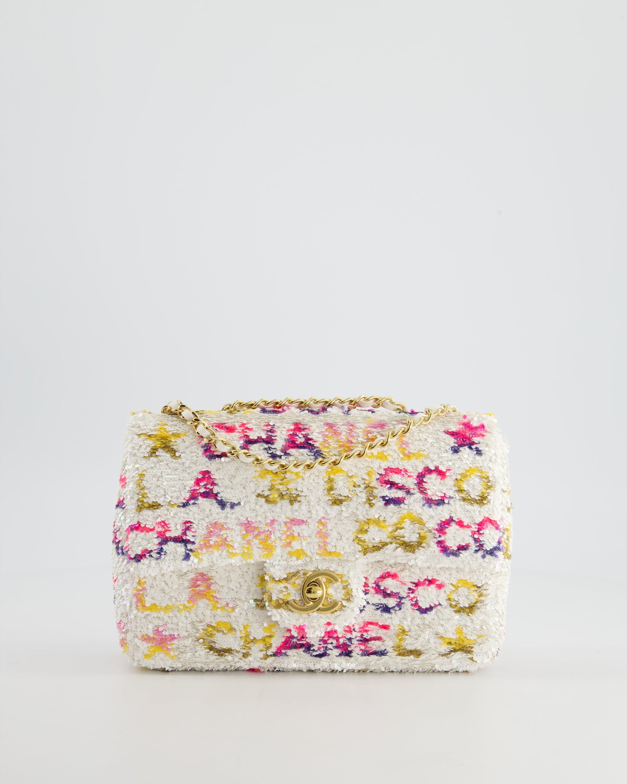 &amp; CURRENT SEASON* CH Cruise 2024 White, Yellow, Pink and Blue Sequin Small Flap Bag with Gold Hardware