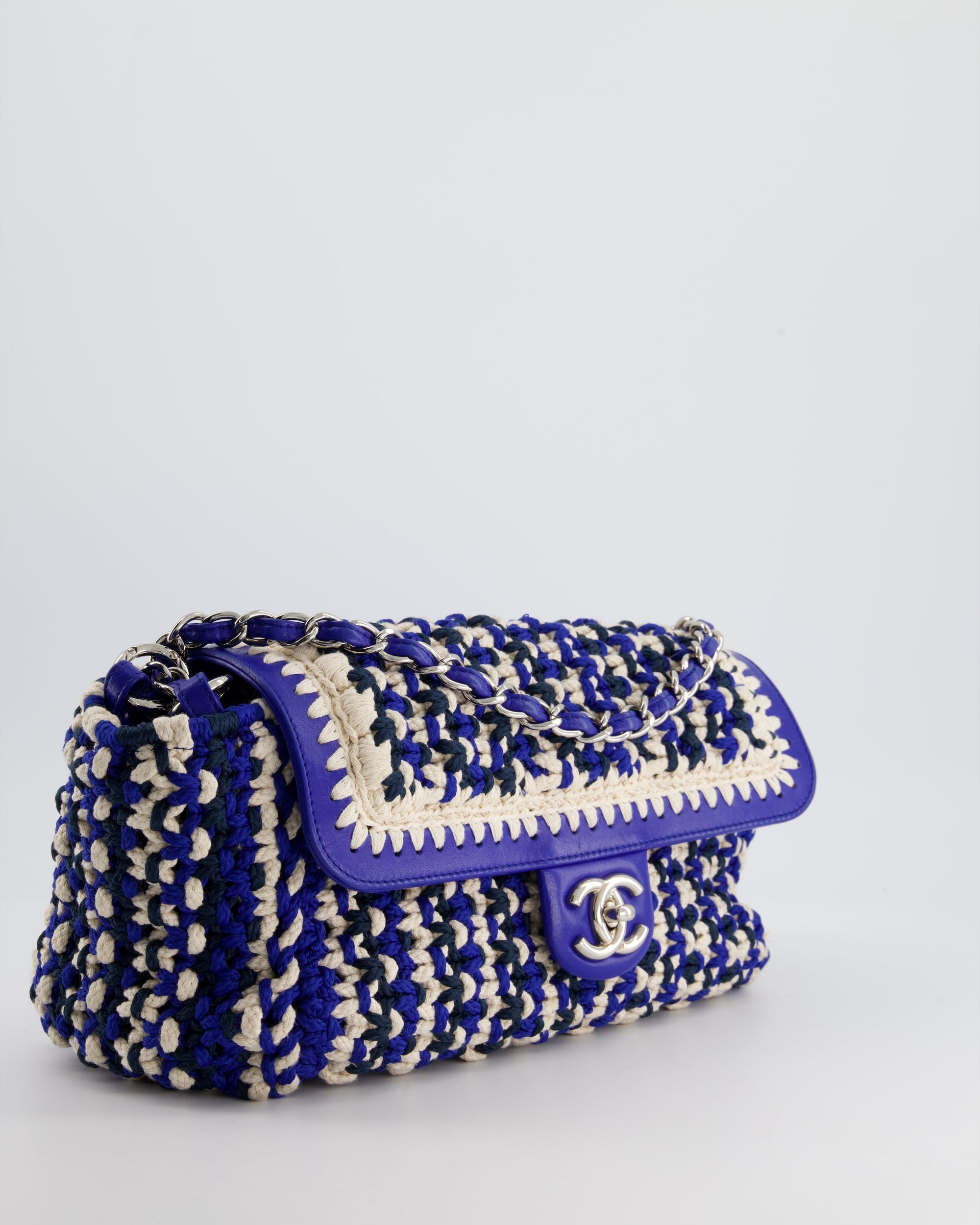 *RARE* CH Navy, Blue and Cream Crochet Flap Bag with Silver Hardware