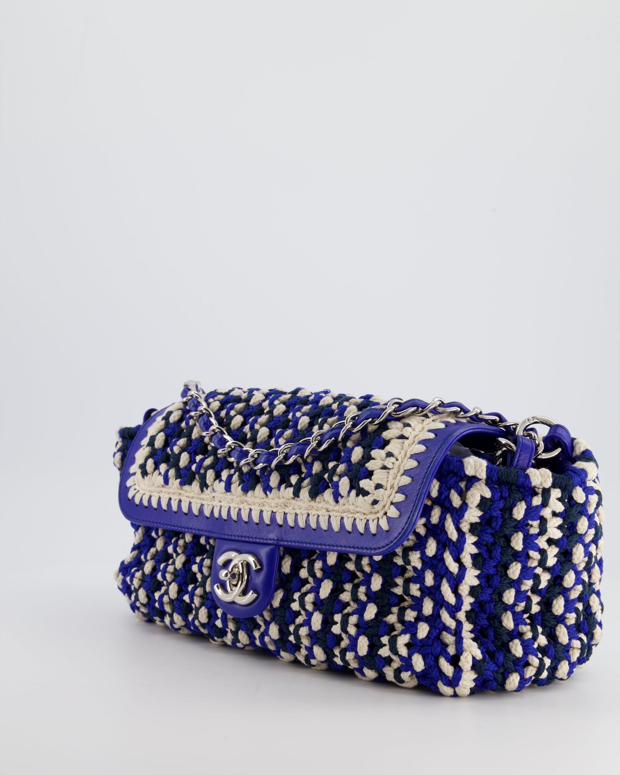 *RARE* CH Navy, Blue and Cream Crochet Flap Bag with Silver Hardware