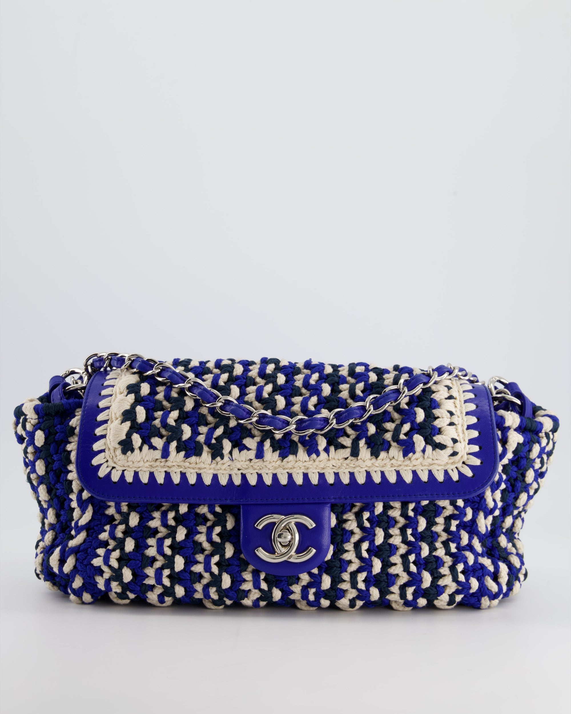 *RARE* CH Navy, Blue and Cream Crochet Flap Bag with Silver Hardware