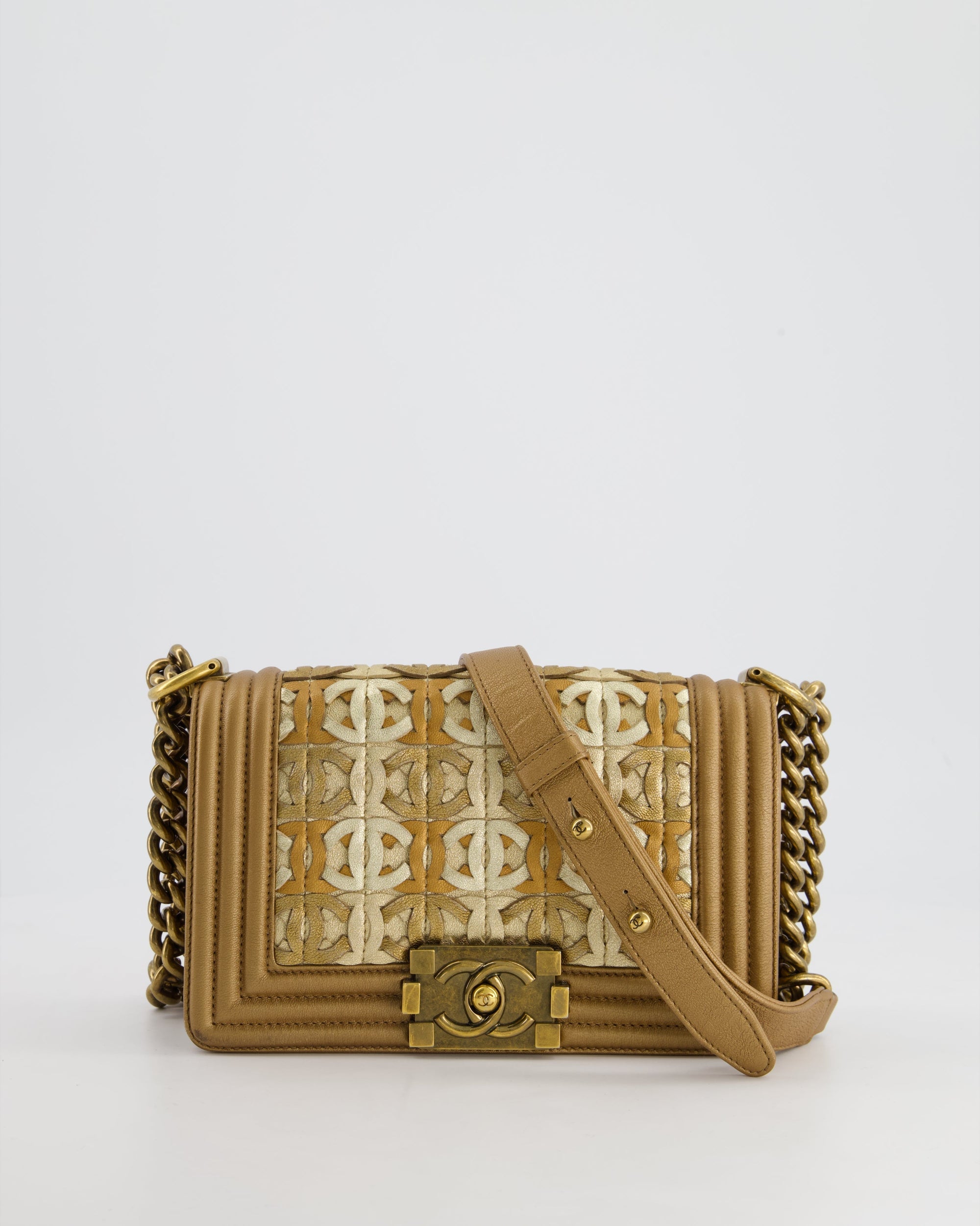 *LIMITED EDITION* CH Gold Metallic Small Boy Bag In Calfskin Leather with Antique Gold Hardware CC Details