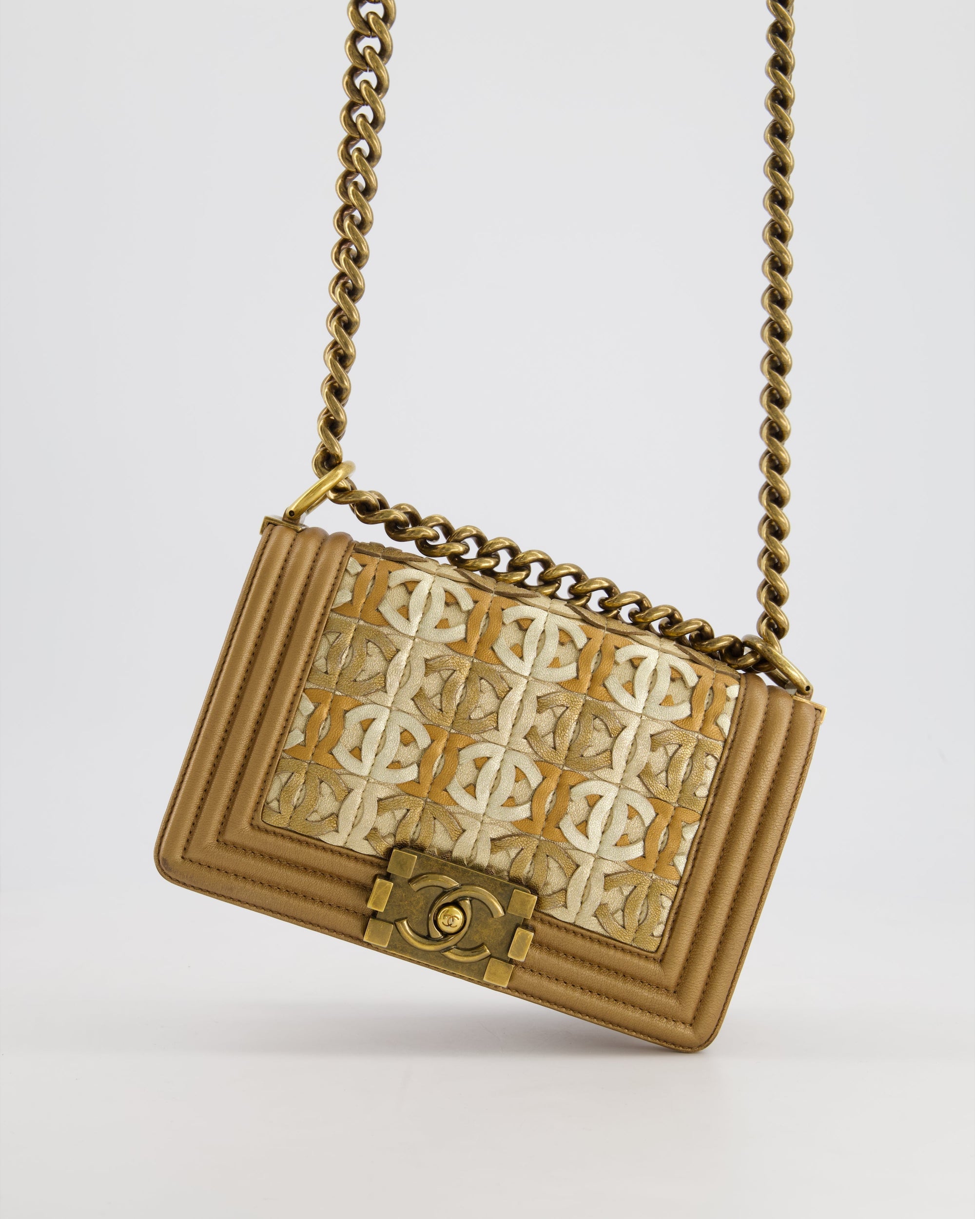 *LIMITED EDITION* CH Gold Metallic Small Boy Bag In Calfskin Leather with Antique Gold Hardware CC Details
