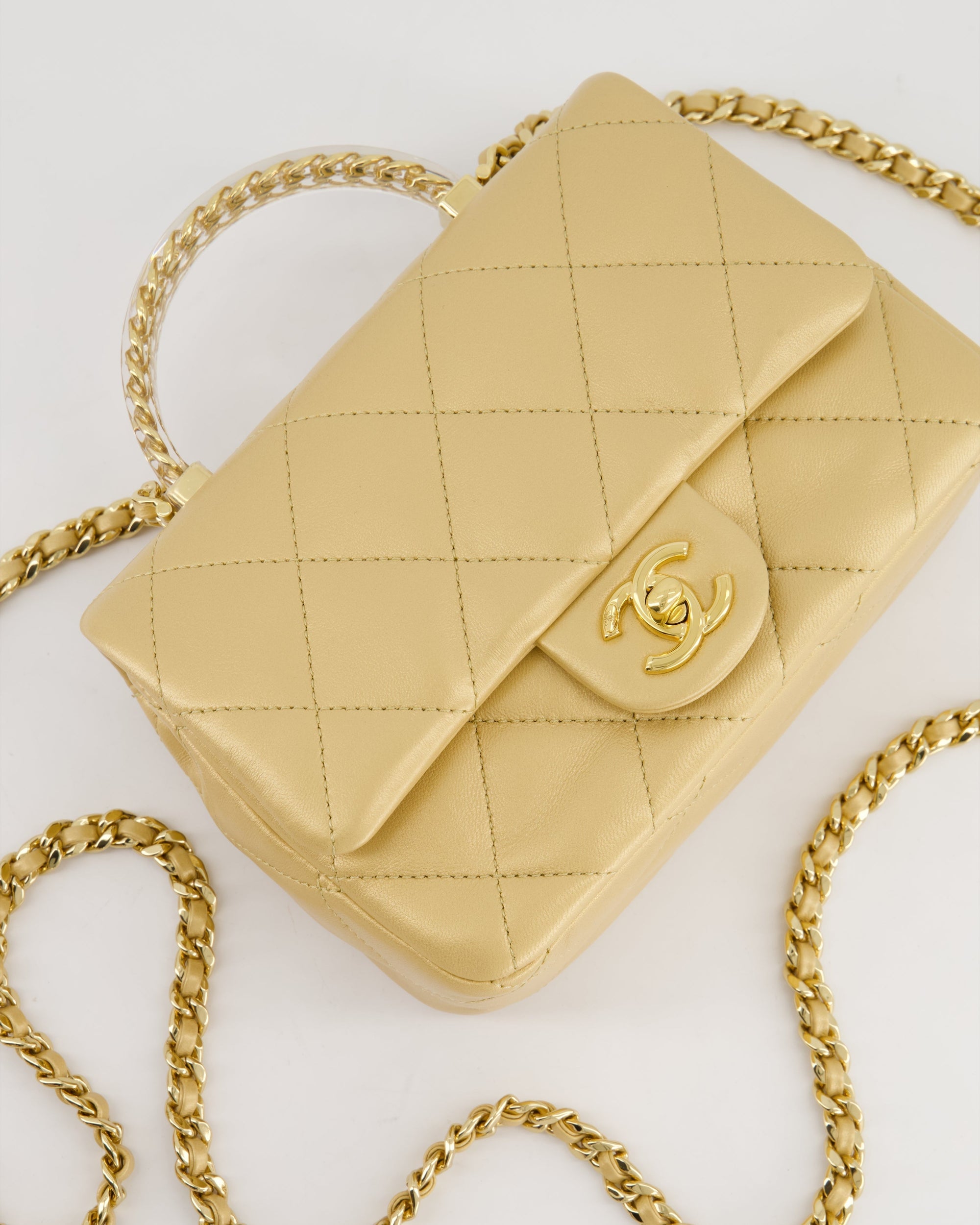 *CURRENT COLLECTION* CH Metallic Gold Mini Top Handle Bag in Calfskin Leather with Gold Hardware and Clear Perspex Handle Detail