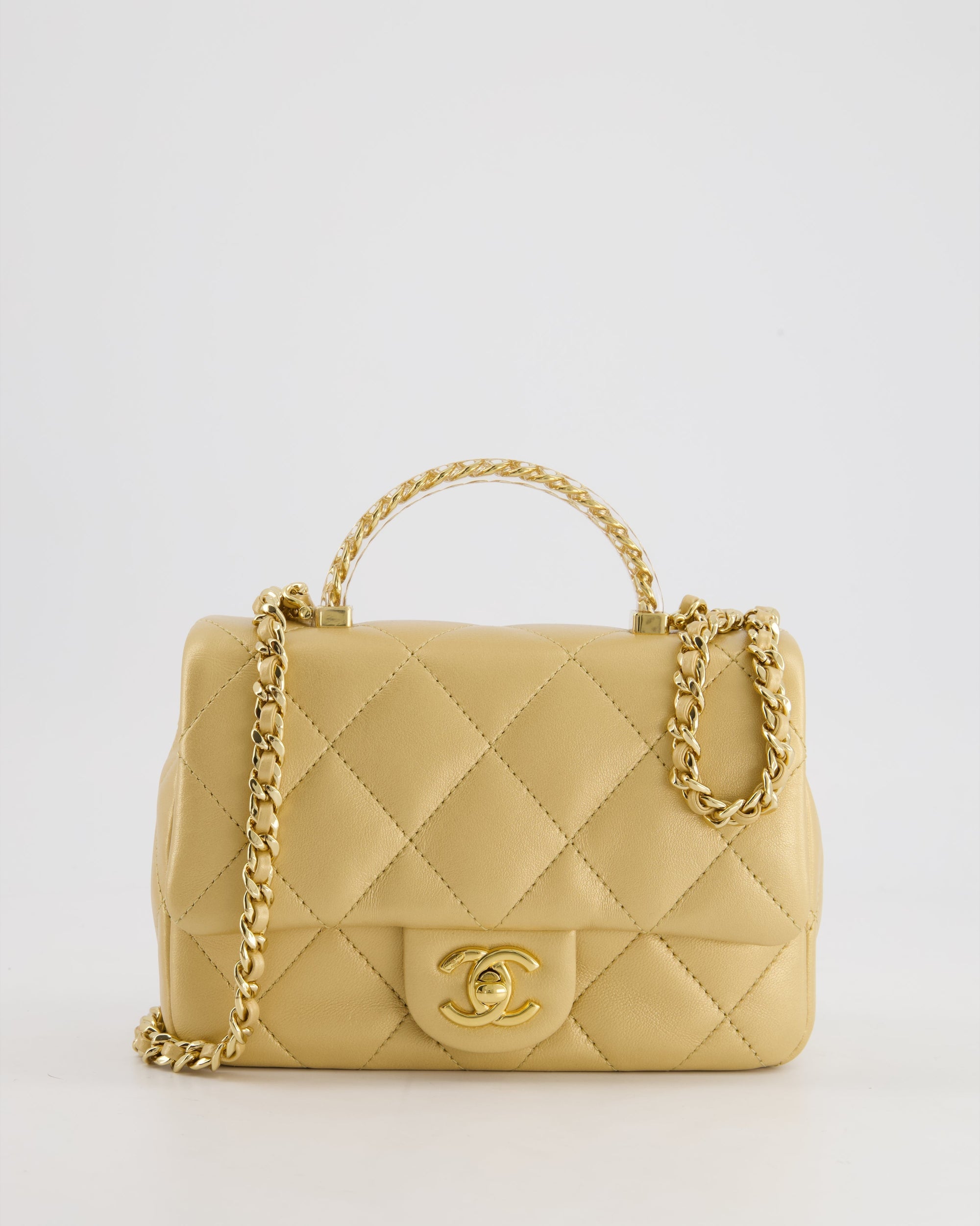 *CURRENT COLLECTION* CH Metallic Gold Mini Top Handle Bag in Calfskin Leather with Gold Hardware and Clear Perspex Handle Detail