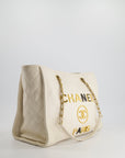 *HOT* CH White Small Deauville Tote Bag in Aged Calfskin Leather with Antique Gold Hardware and Pearl, Crystal Logo Detail