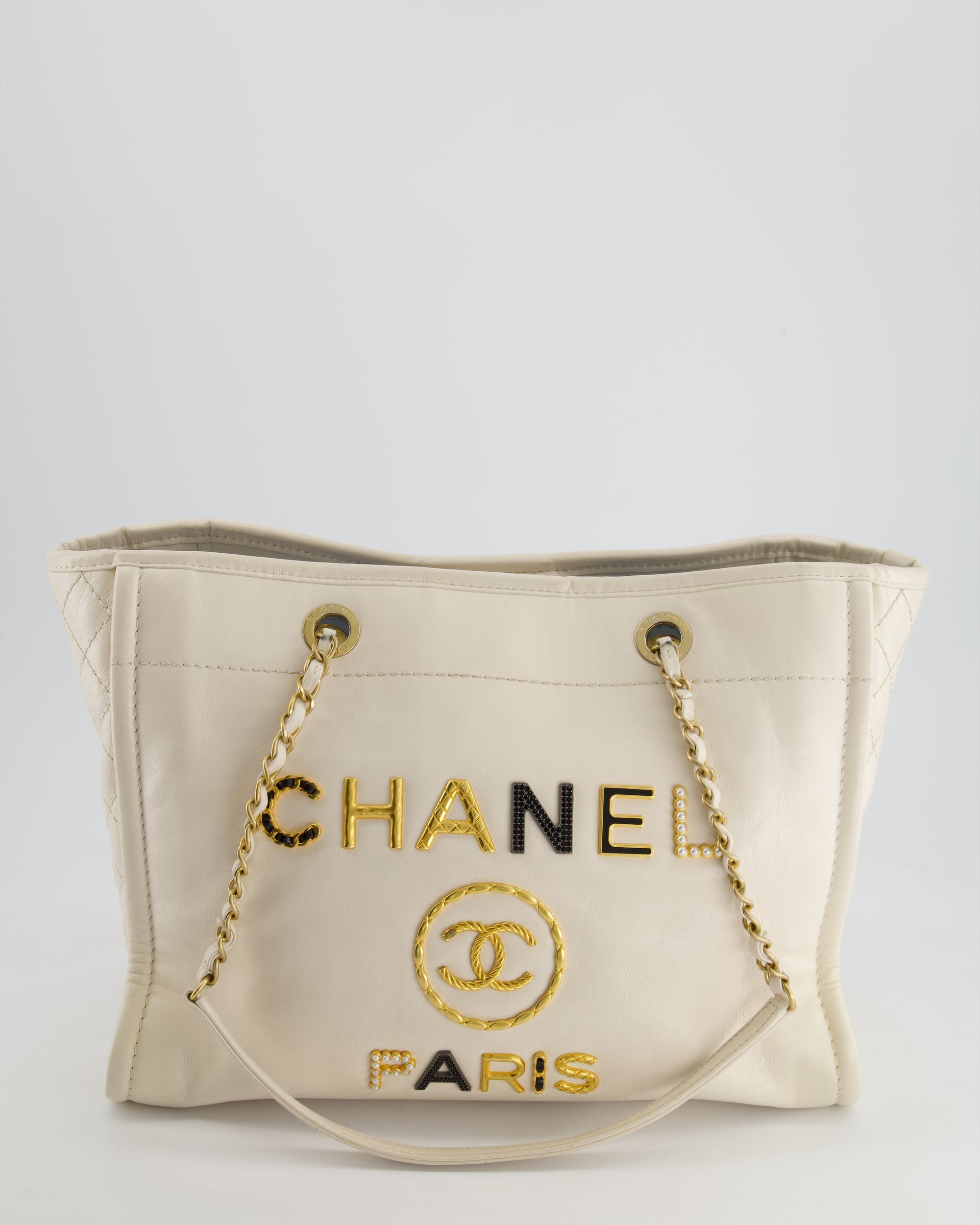 *HOT* CH White Small Deauville Tote Bag in Aged Calfskin Leather with Antique Gold Hardware and Pearl, Crystal Logo Detail