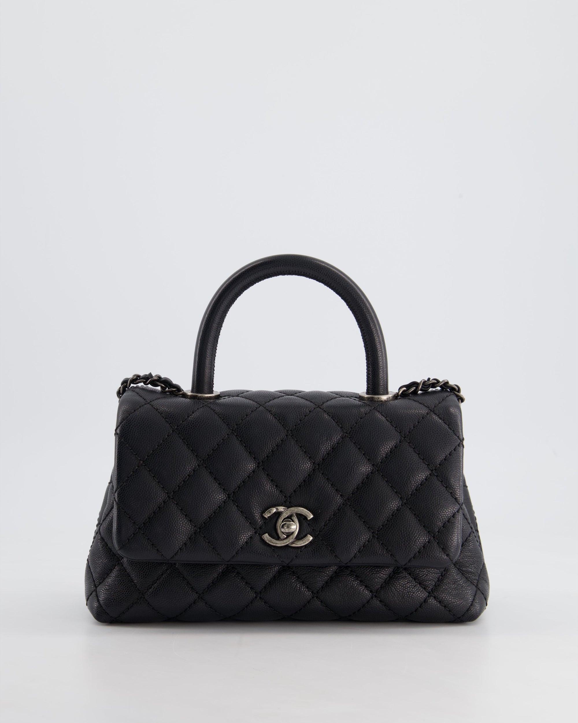 *FIRE PRICE* CH Black Small Caviar Quilted Coco Handle Flap Bag with Black Calfskin Handle and Ruthenium Hardware