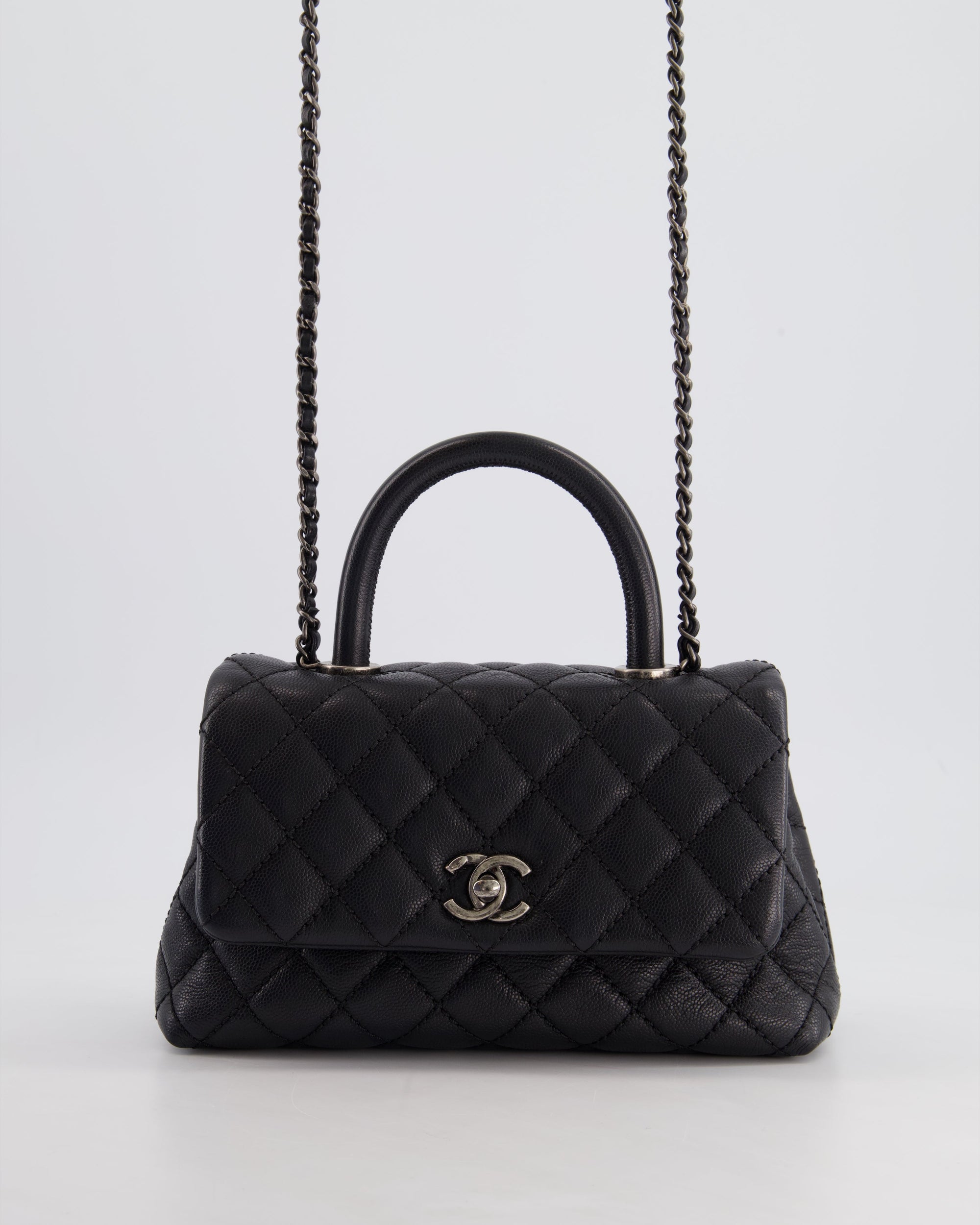 *FIRE PRICE* CH Black Small Caviar Quilted Coco Handle Flap Bag with Black Calfskin Handle and Ruthenium Hardware