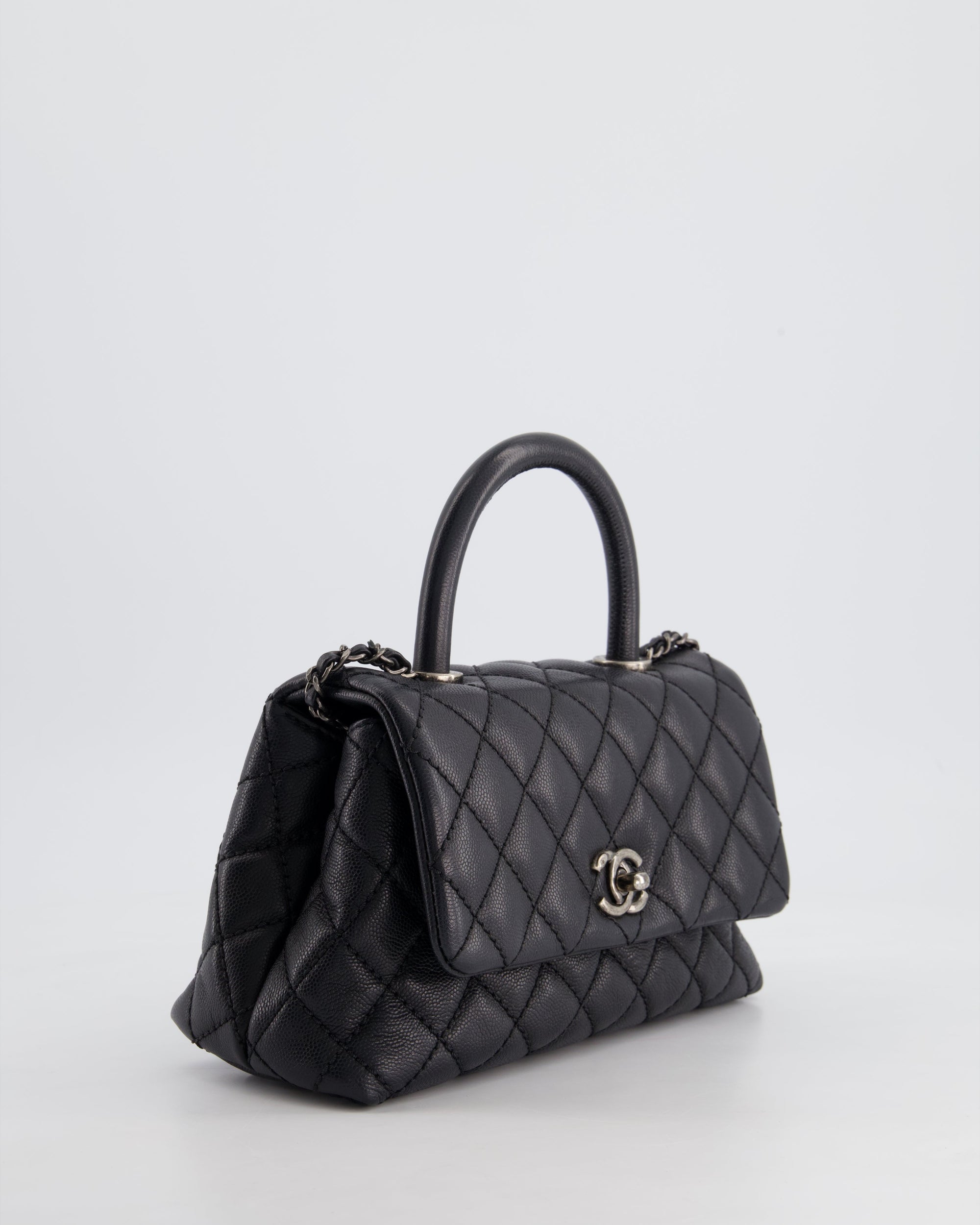 *FIRE PRICE* CH Black Small Caviar Quilted Coco Handle Flap Bag with Black Calfskin Handle and Ruthenium Hardware
