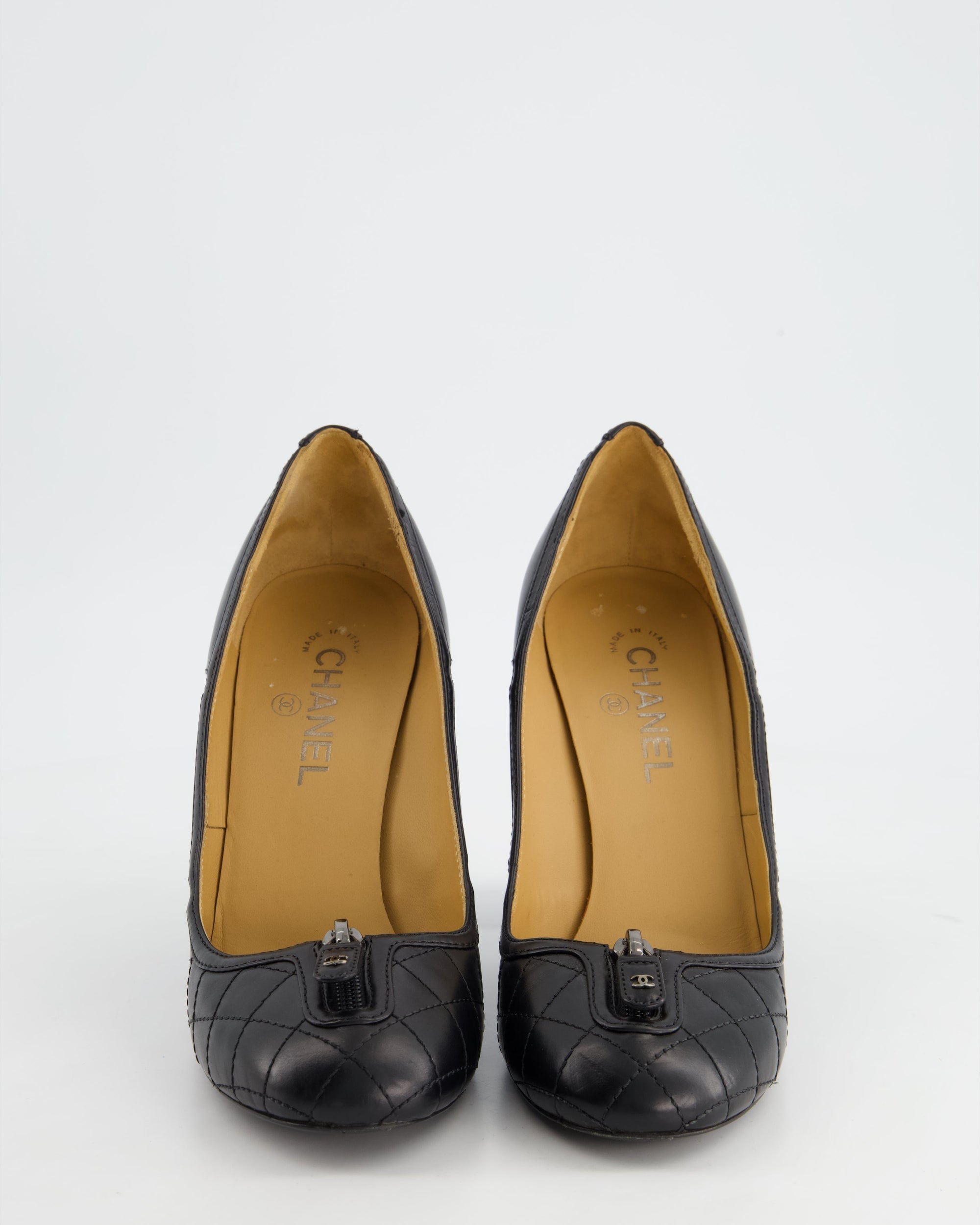 *FIRE PRICE* CH Black Round Toe Heels with Quilted Leather &amp; Zip Details Size EU 40.5