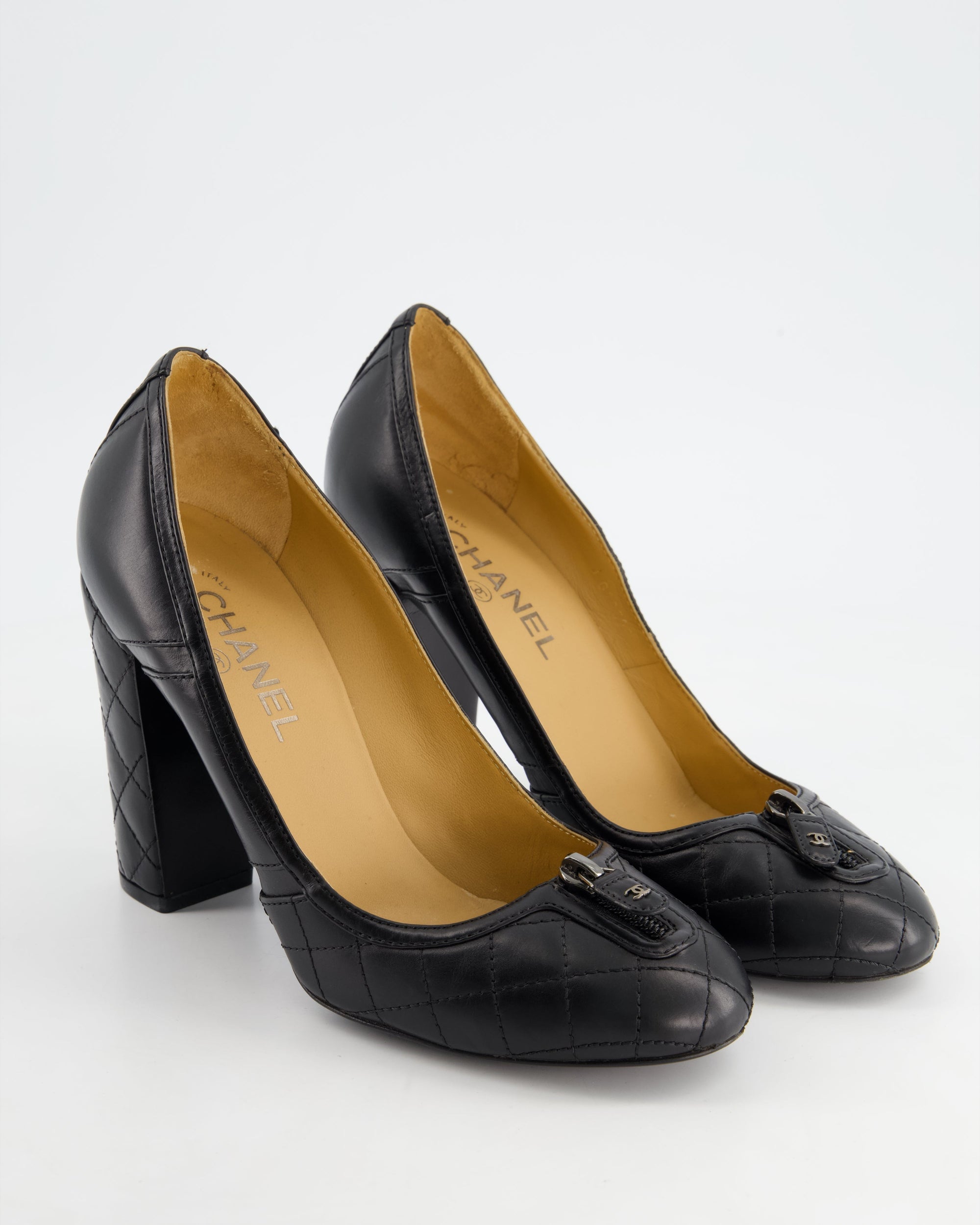 *FIRE PRICE* CH Black Round Toe Heels with Quilted Leather &amp; Zip Details Size EU 40.5