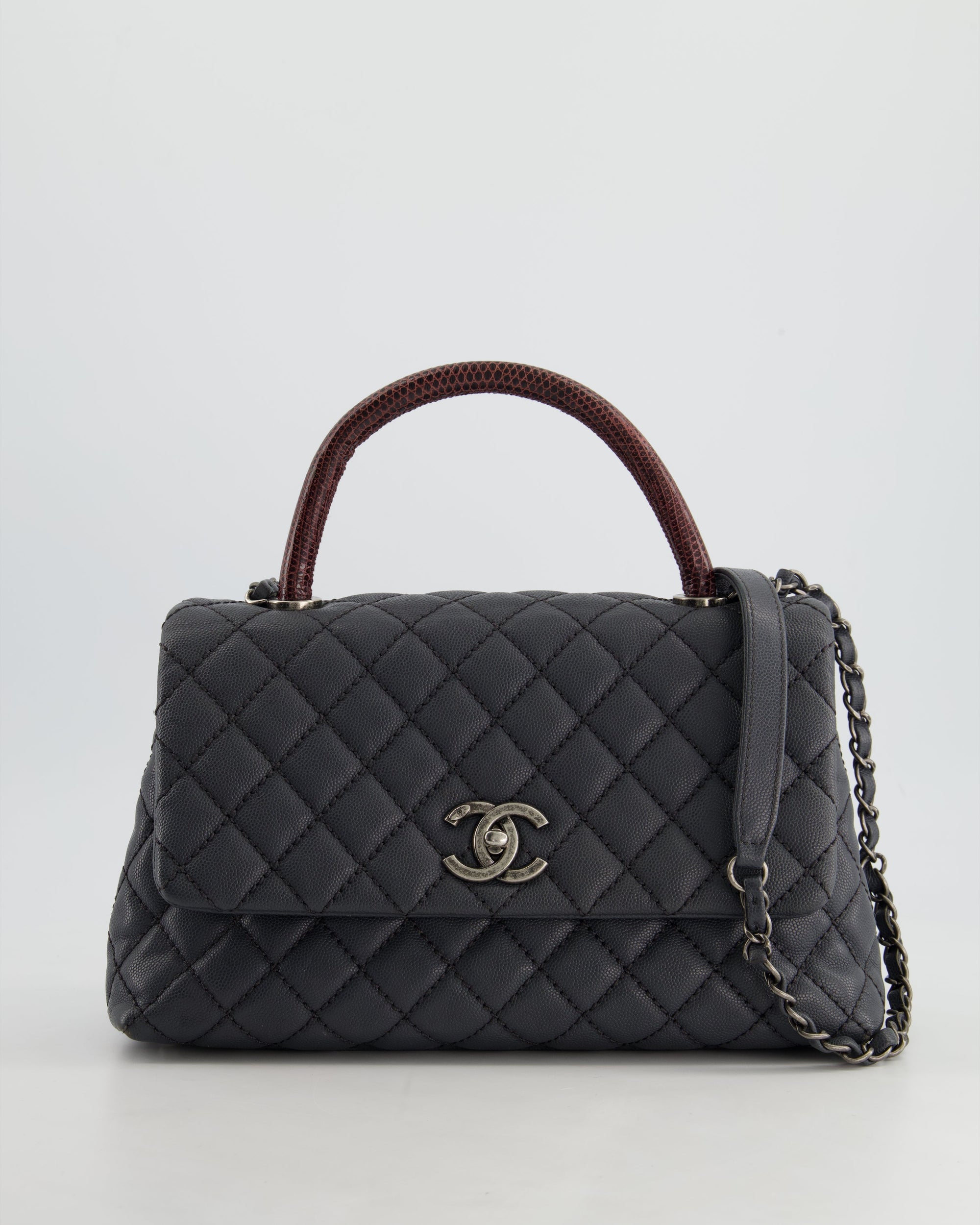 *RARE* CH Medium Coco Top Handle Bag Grey Caviar with Python Handle and Ruthenium Hardware
