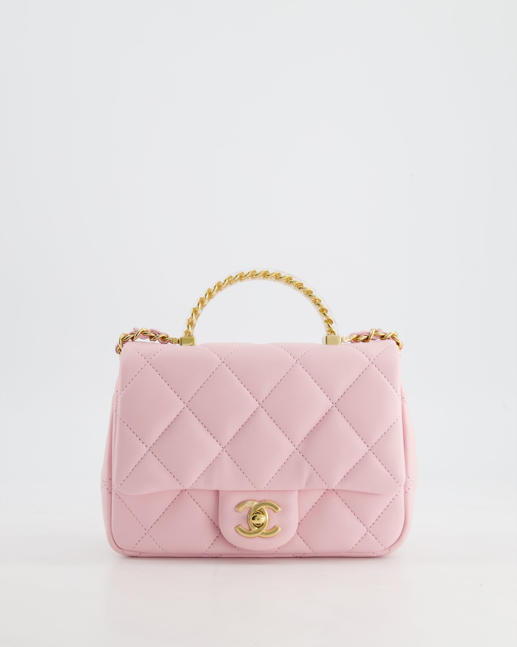 *CURRENT COLLECTION* CH Petal Pink Mini Top Handle Bag in Calfskin Leather with Gold Hardware and Clear Perspex Handle Detail