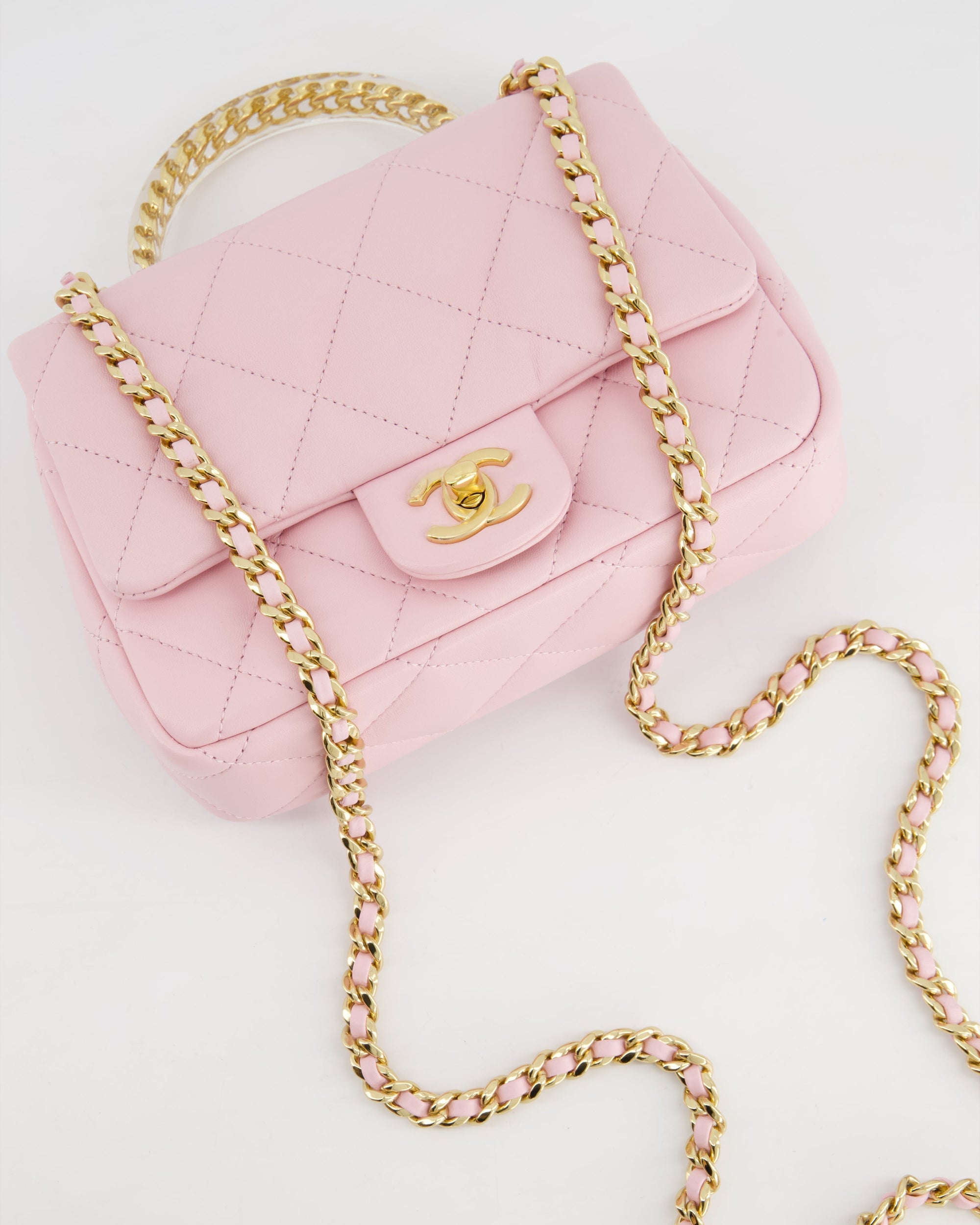 *CURRENT COLLECTION* CH Petal Pink Mini Top Handle Bag in Calfskin Leather with Gold Hardware and Clear Perspex Handle Detail