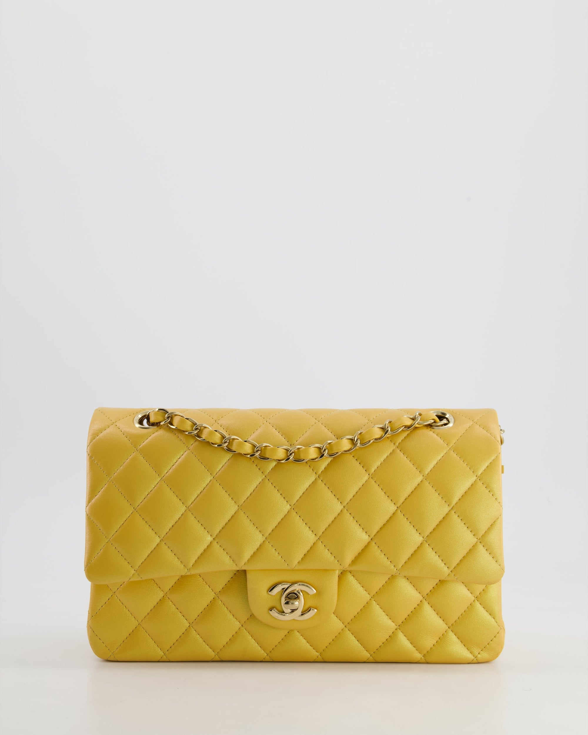*HOT* CH Iridescent Mustard Yellow Medium Double Flap Bag in Lambskin Leather with Champagne Gold Hardware