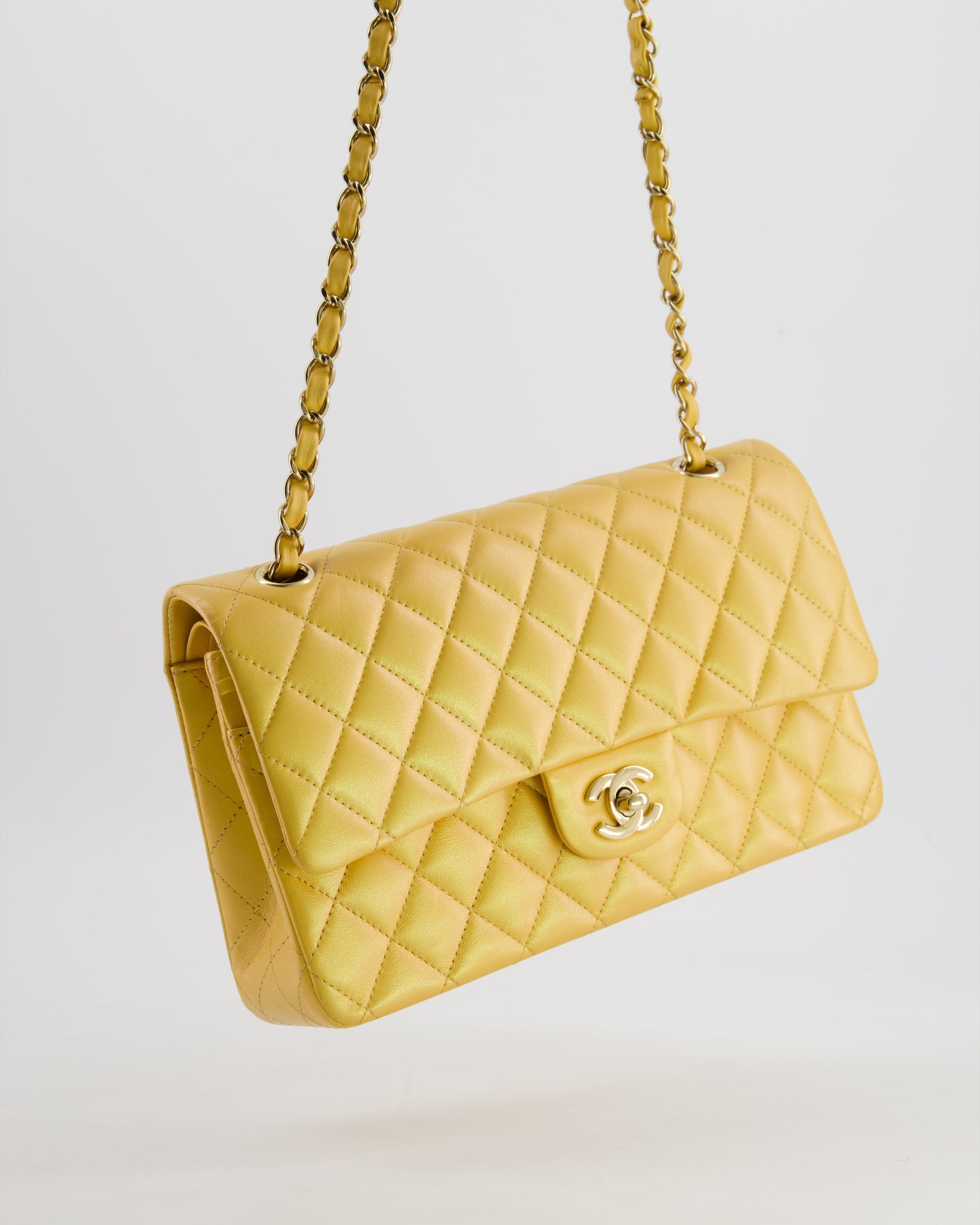 *HOT* CH Iridescent Mustard Yellow Medium Double Flap Bag in Lambskin Leather with Champagne Gold Hardware