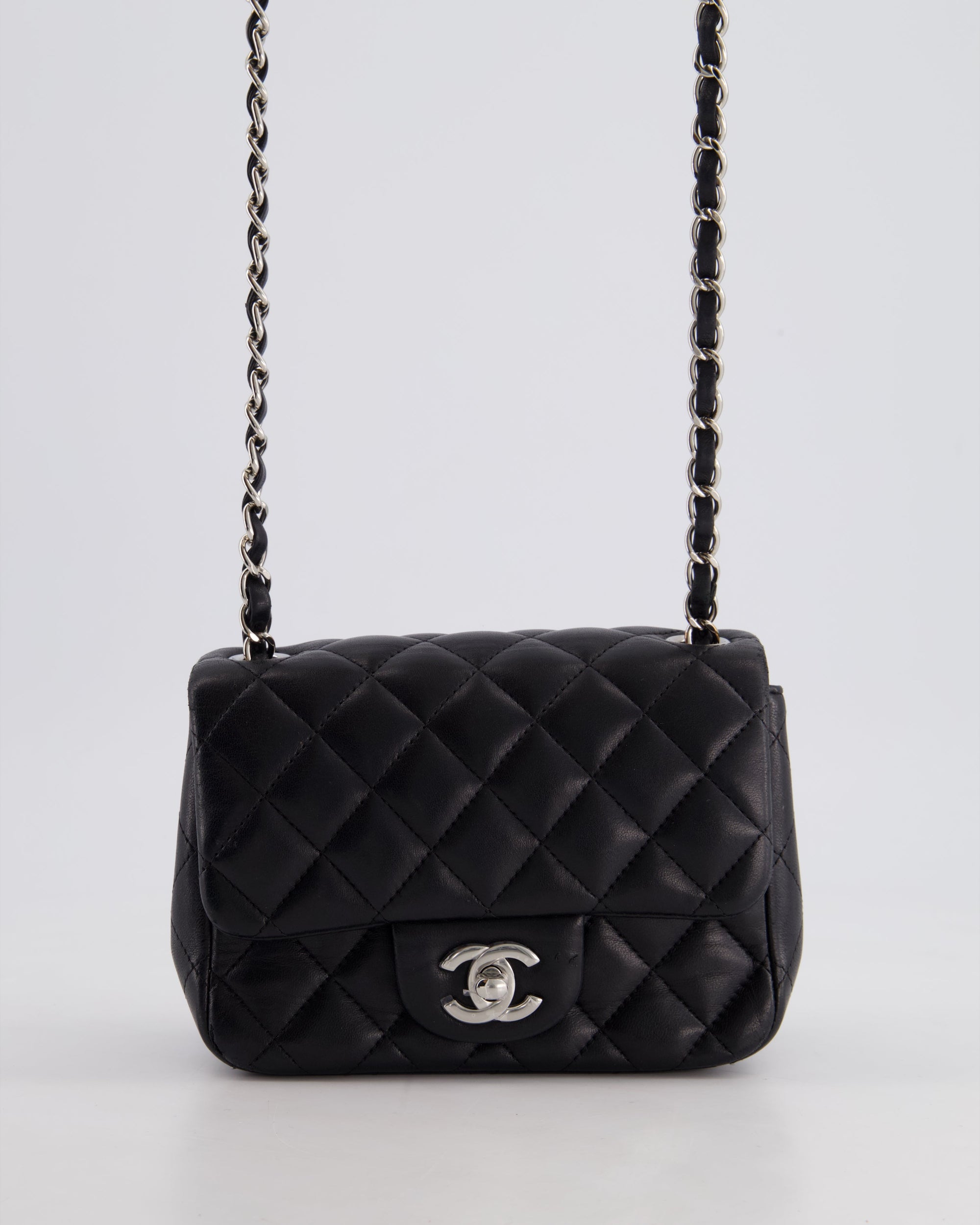 *HOT* CH Black Mini Square Flap Bag in Lambskin with Silver Hardware