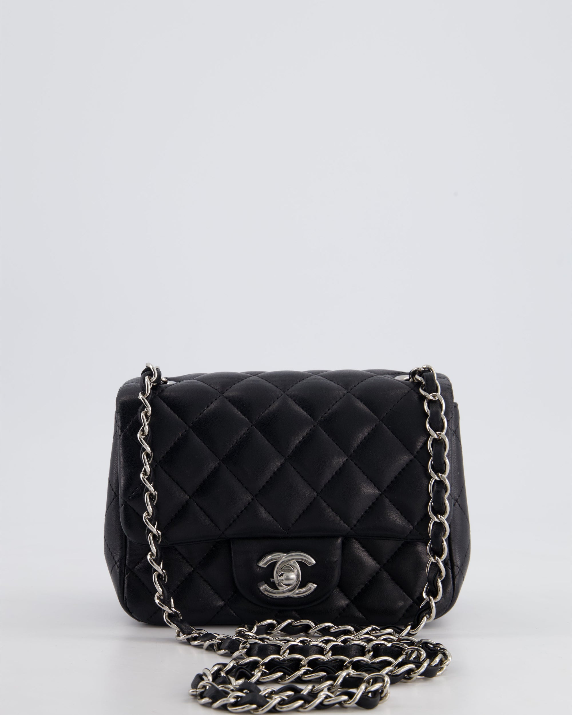 *HOT* CH Black Mini Square Flap Bag in Lambskin with Silver Hardware