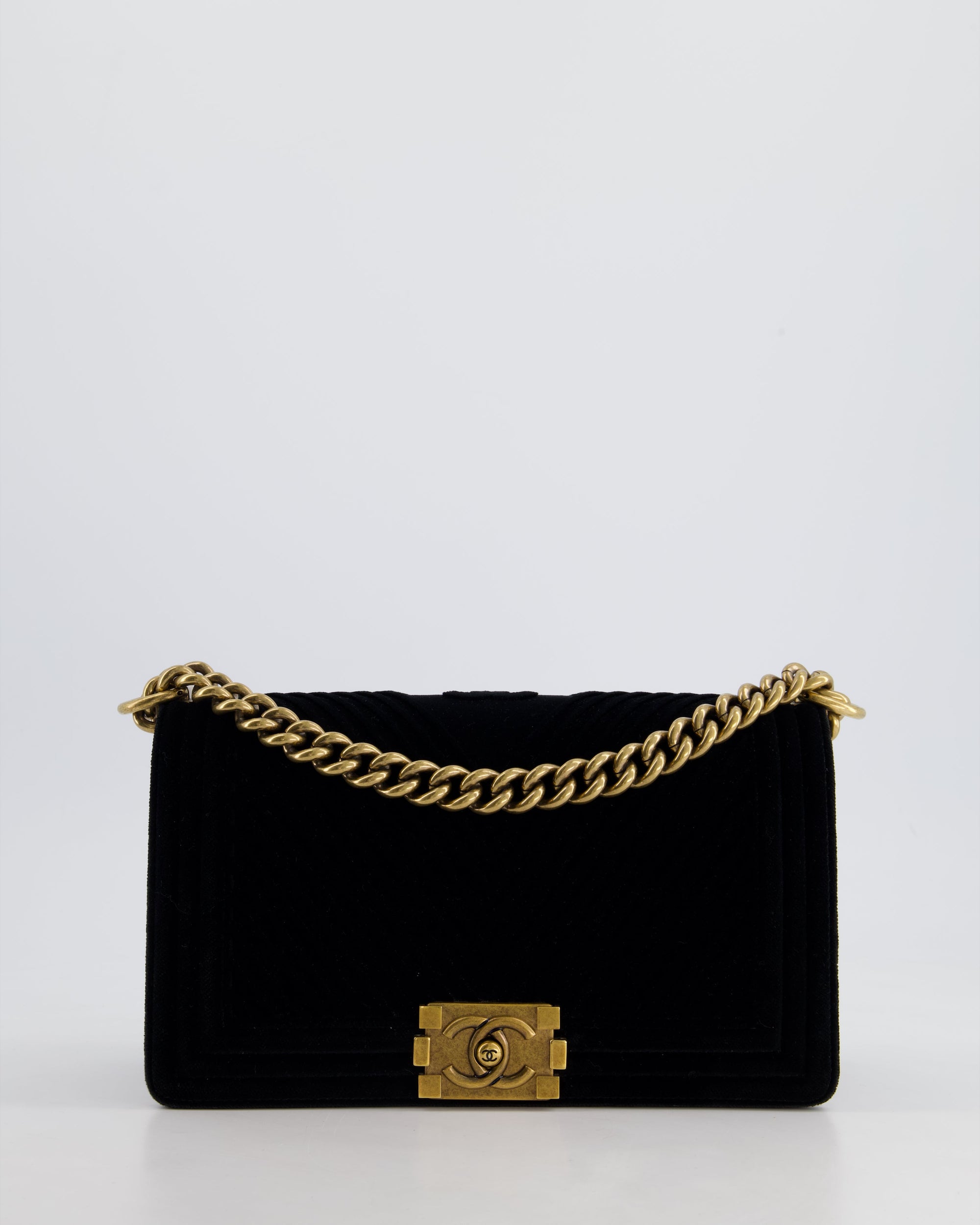 *HOT* CH Black Velvet Chevron Medium Boy Bag with CC Logo and Antique Gold Hardware
