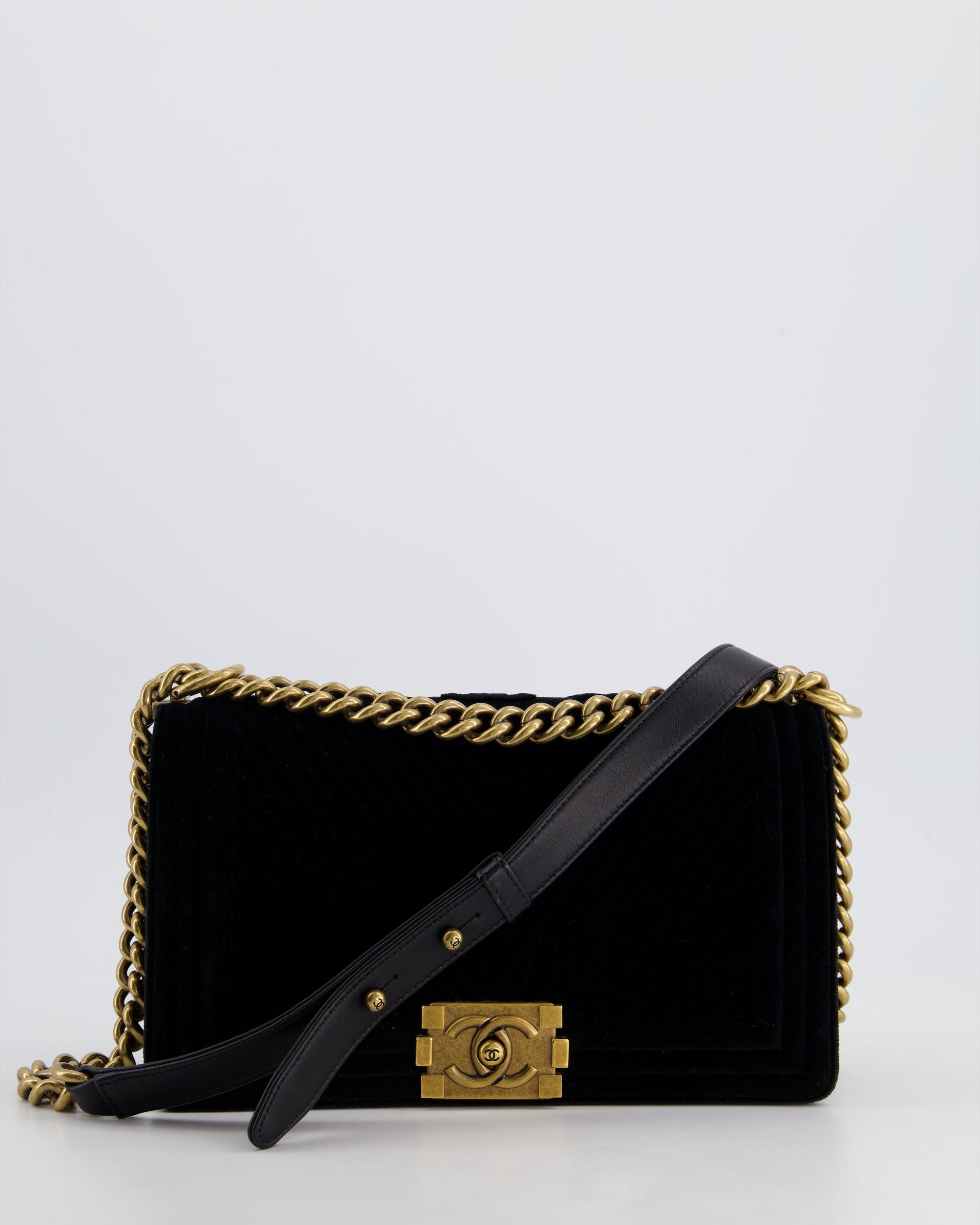 *HOT* CH Black Velvet Chevron Medium Boy Bag with CC Logo and Antique Gold Hardware