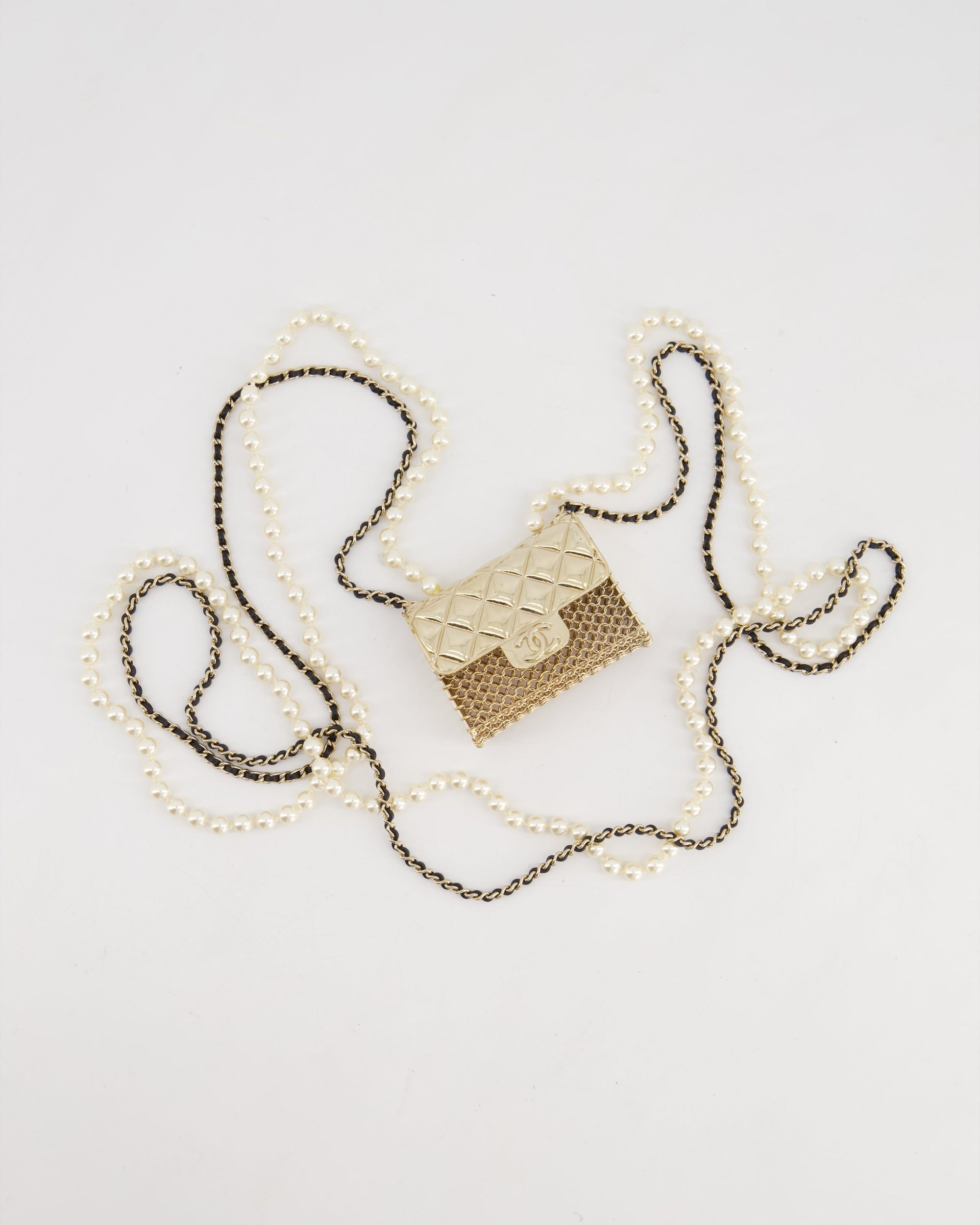 *RARE* CH 21S Champagne Gold Bag Charm Necklace with White Pearls &amp; Black Leather Chain Detail