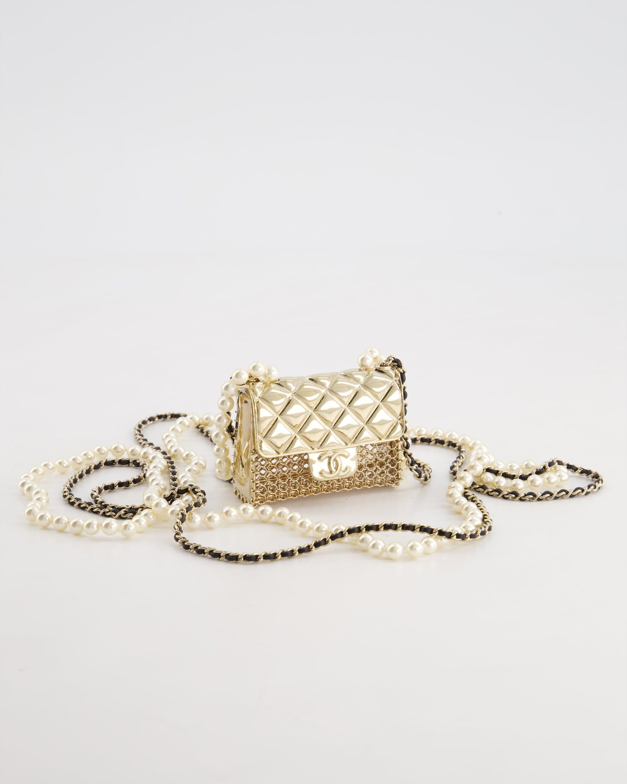 *RARE* CH 21S Champagne Gold Bag Charm Necklace with White Pearls &amp; Black Leather Chain Detail