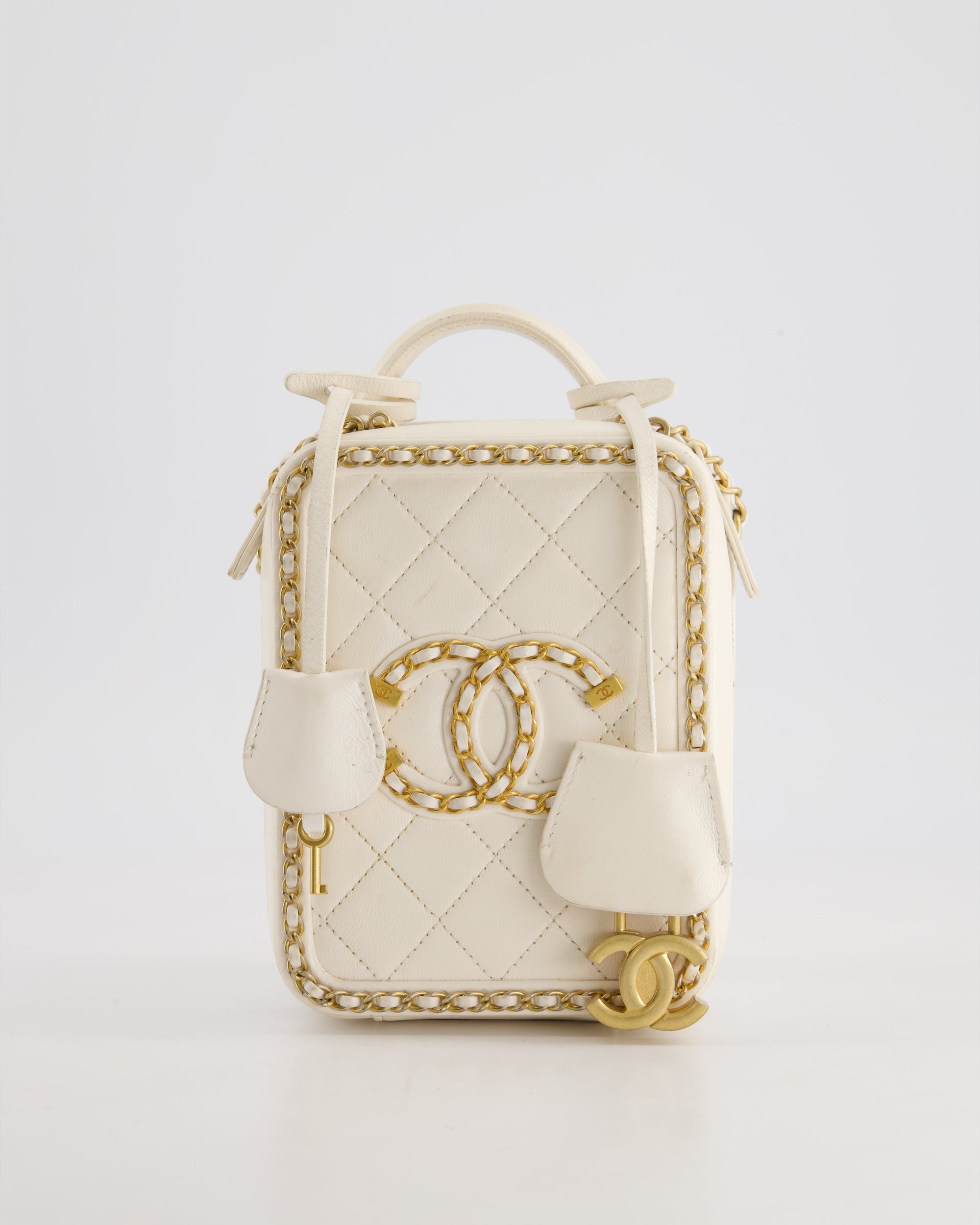 *HOT* CH White Calfskin Vertical Vanity Case with Gold Chain Trim Detail and Gold Hardware