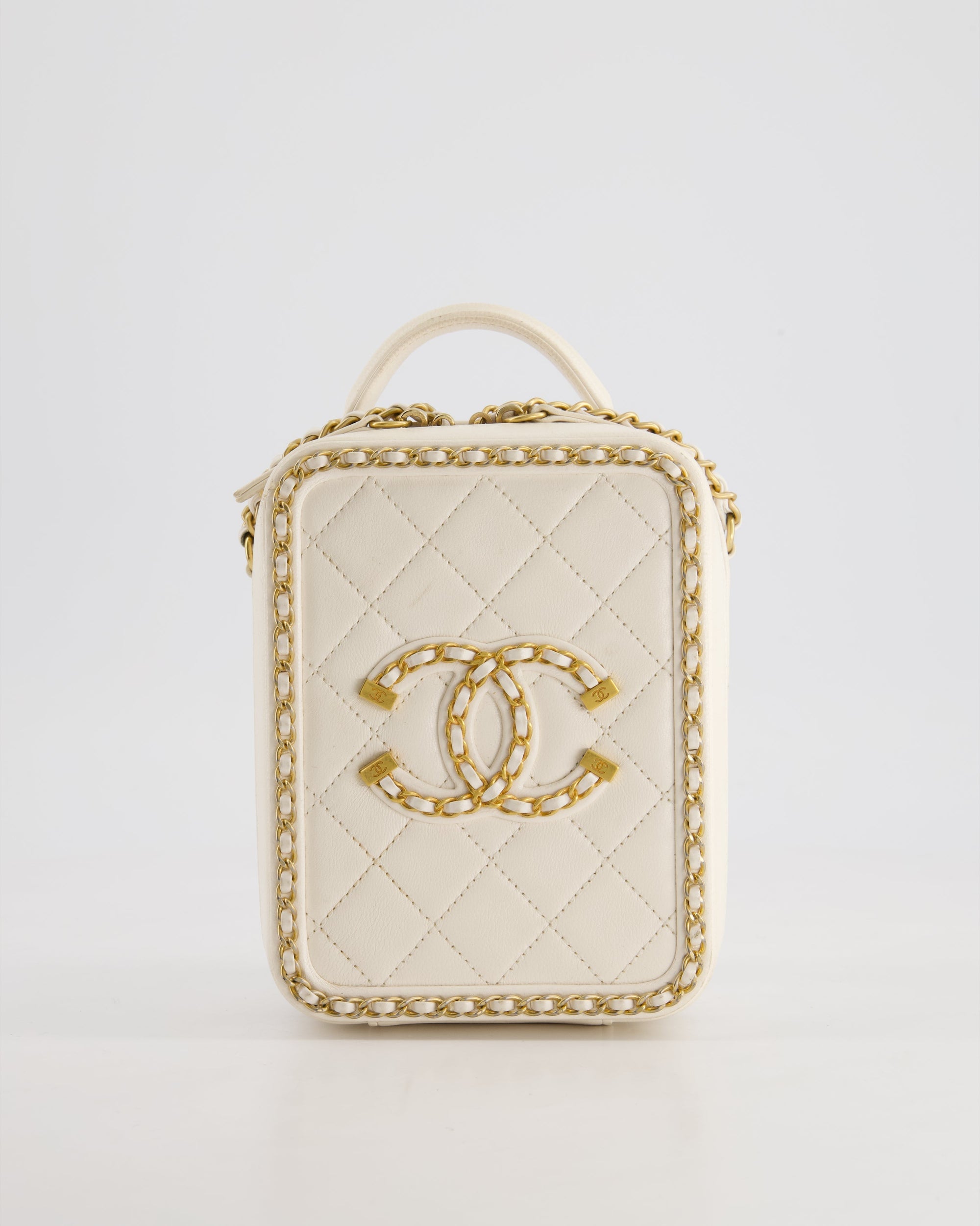 *HOT* CH White Calfskin Vertical Vanity Case with Gold Chain Trim Detail and Gold Hardware