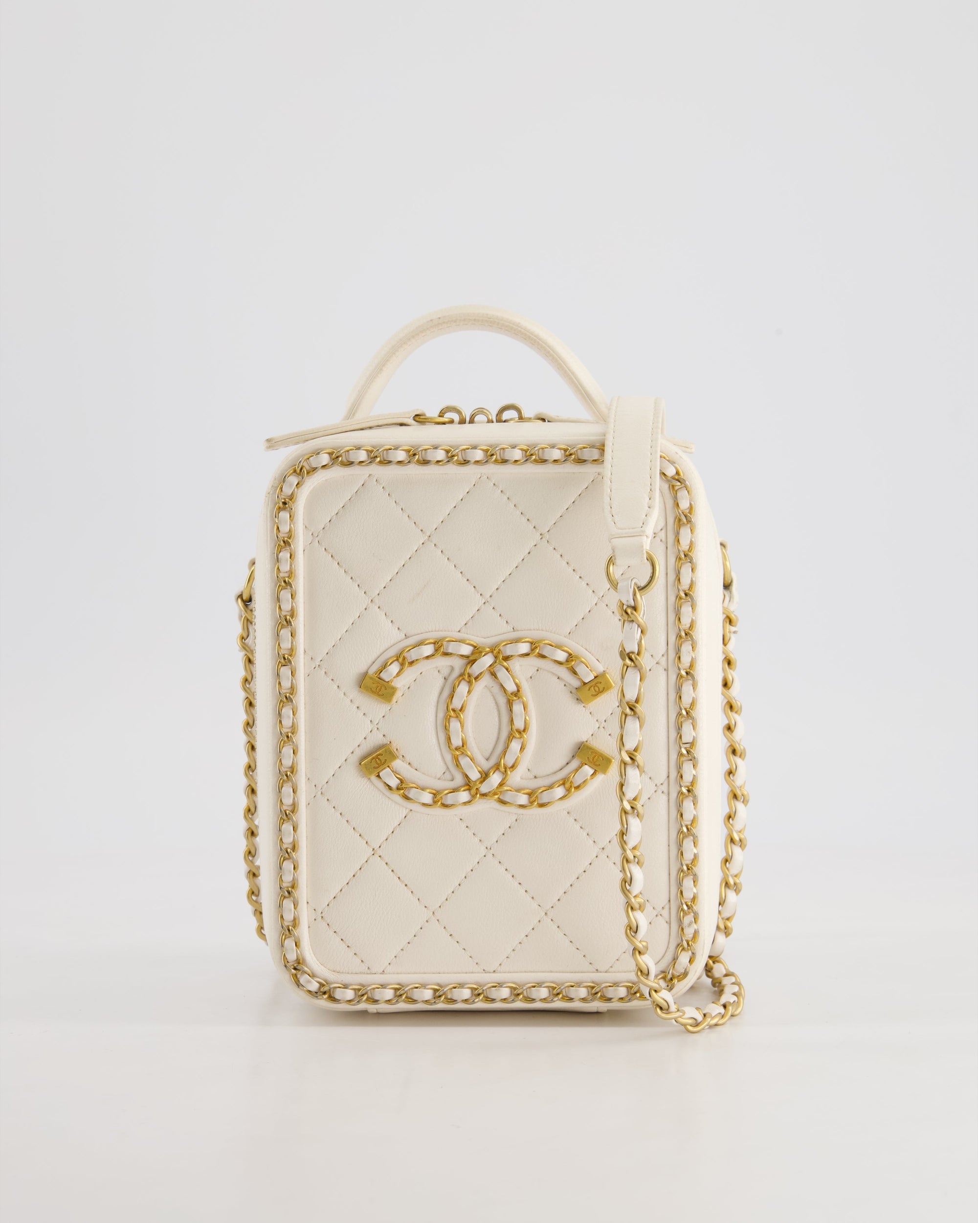 *HOT* CH White Calfskin Vertical Vanity Case with Gold Chain Trim Detail and Gold Hardware