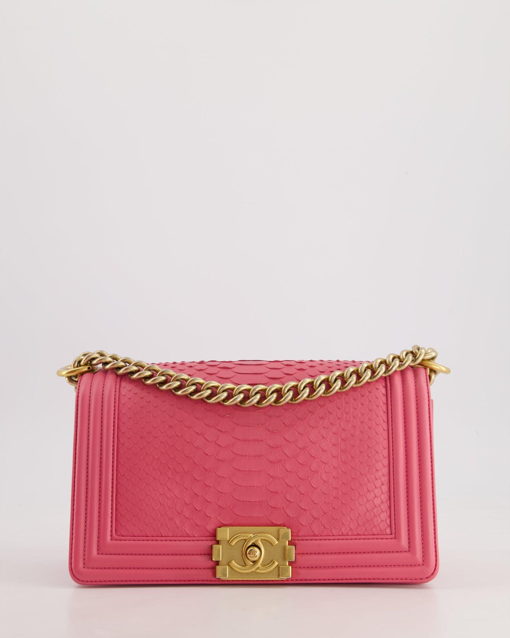 *HOT* CH Pink Python Medium Boy Bag with Wallet Clip Chain in Calfskin Leather with Antique Gold Hardware