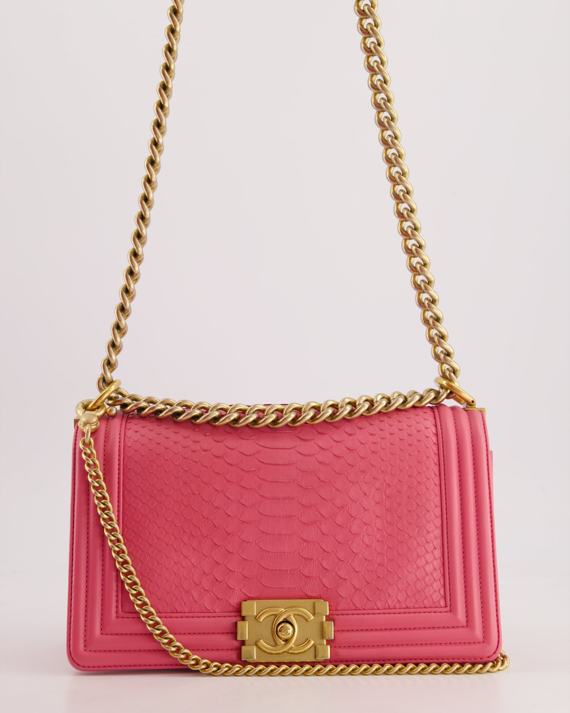 *HOT* CH Pink Python Medium Boy Bag with Wallet Clip Chain in Calfskin Leather with Antique Gold Hardware