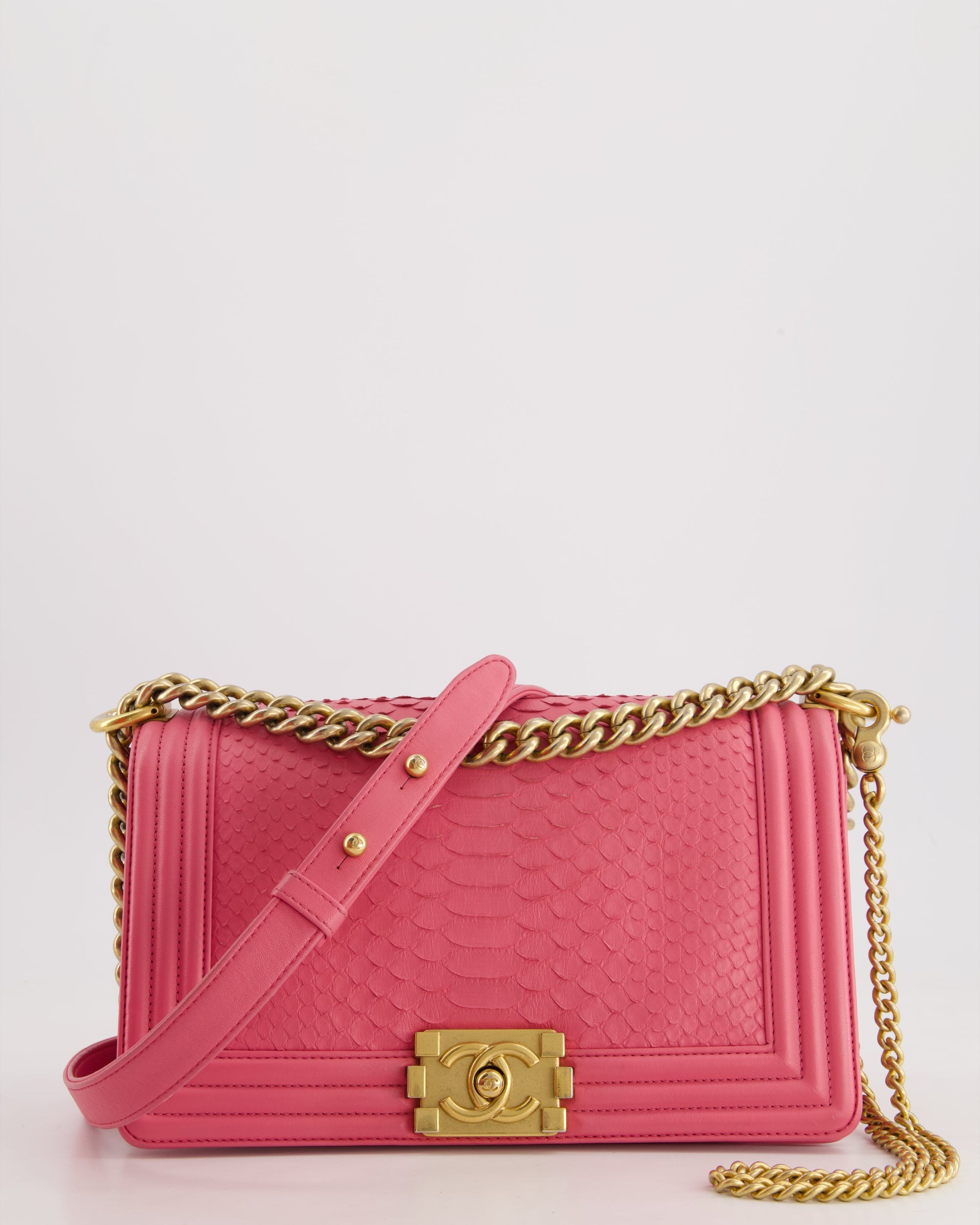 *HOT* CH Pink Python Medium Boy Bag with Wallet Clip Chain in Calfskin Leather with Antique Gold Hardware
